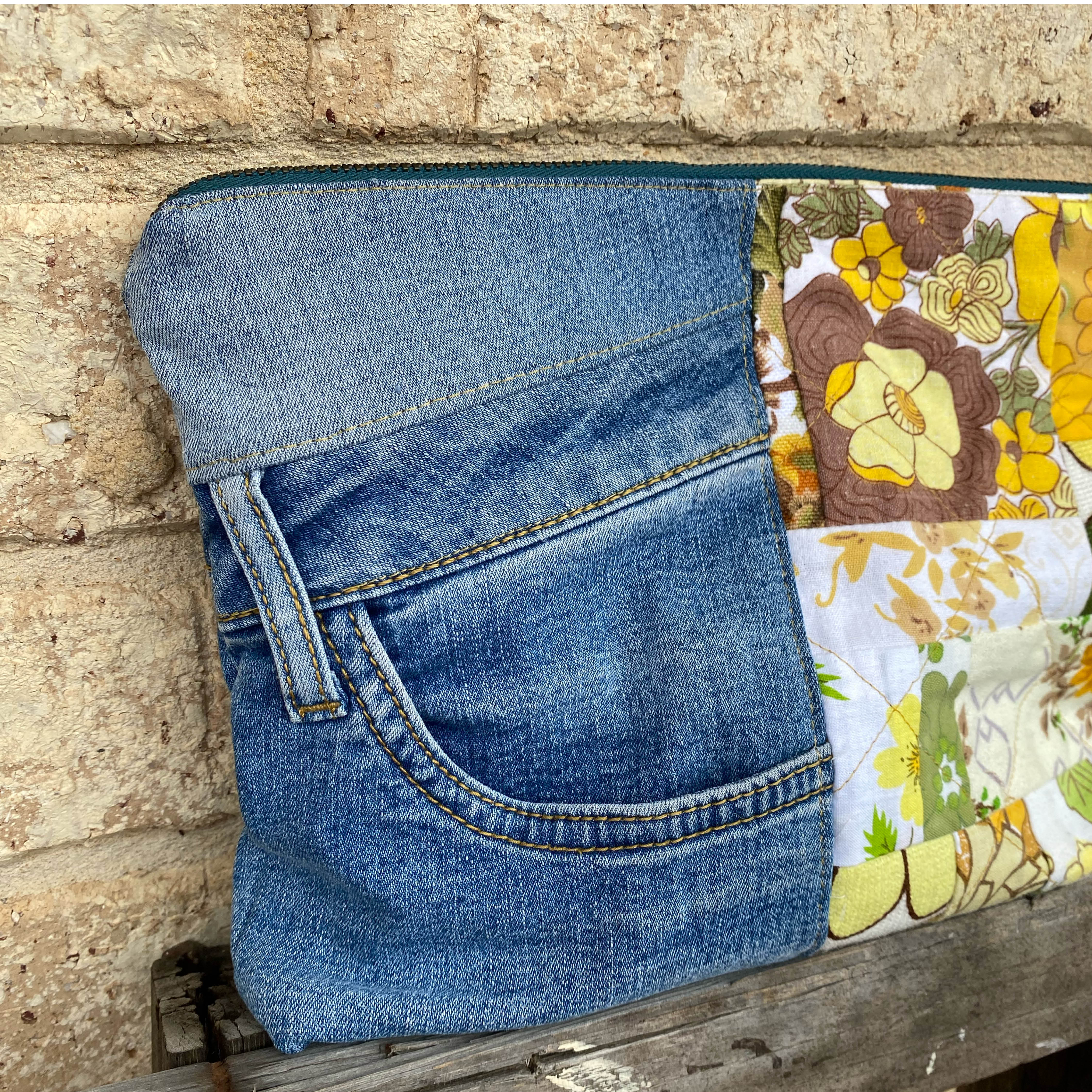 Golden Garden Pouch Cosmetic Everyday Bag Upcycled Vintage Fabrics & Denim