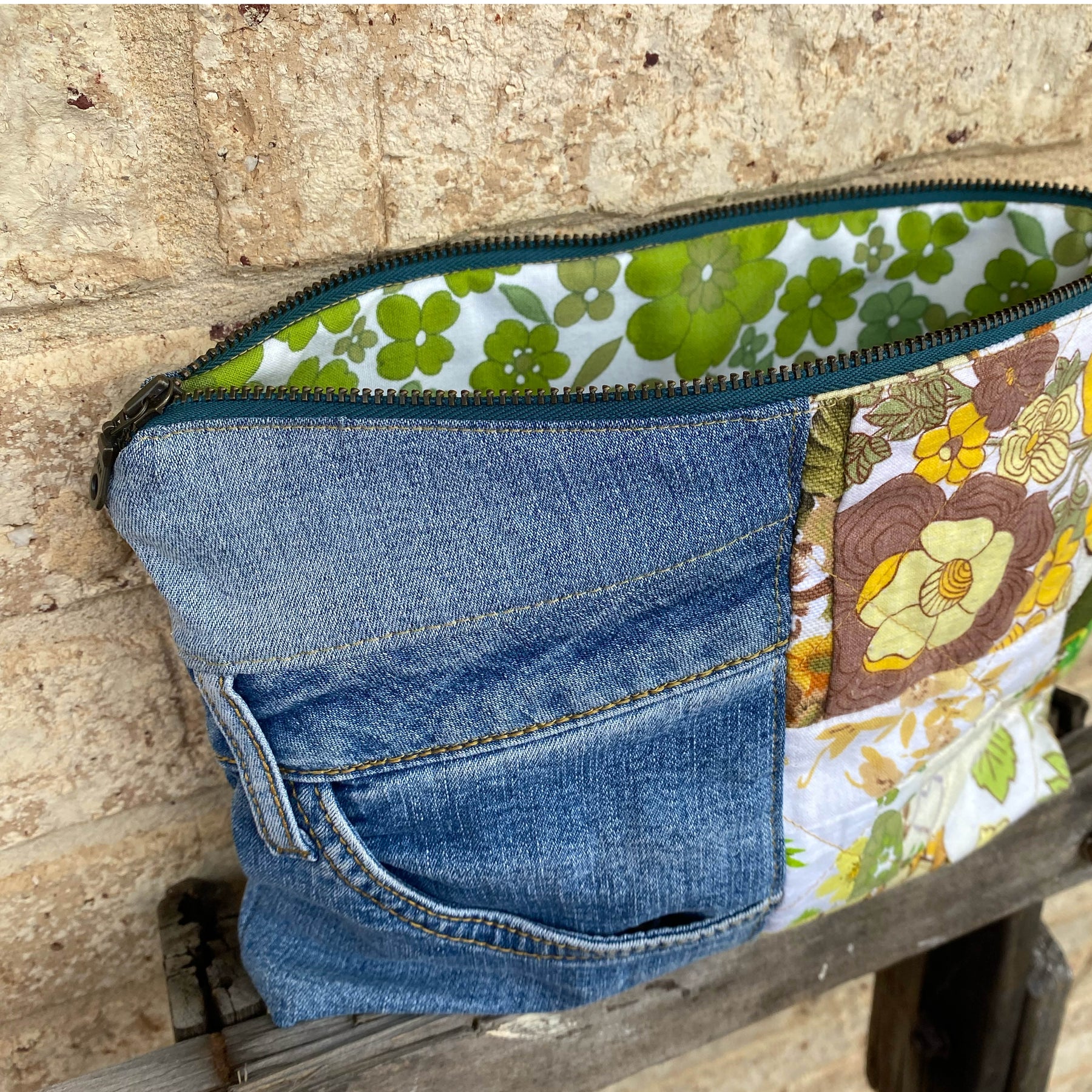 Golden Garden Pouch Cosmetic Everyday Bag Upcycled Vintage Fabrics & Denim