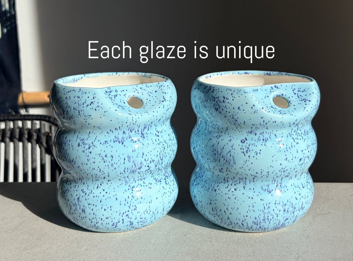 Handcrafted Porcelain Tumbler with Silicon Straw, 600mL Bubble Cup in Blue Mist Glaze
