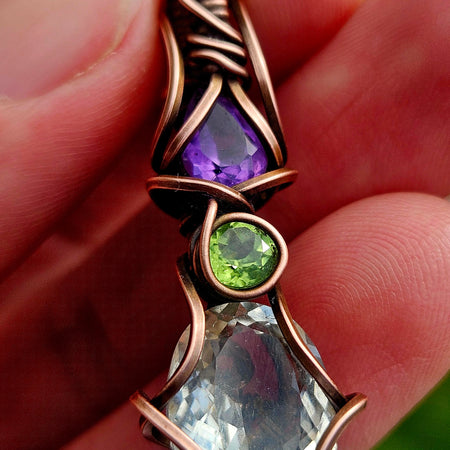 Amethyst, Peridot & Quartz Copper Wire-Wrapped Pendant