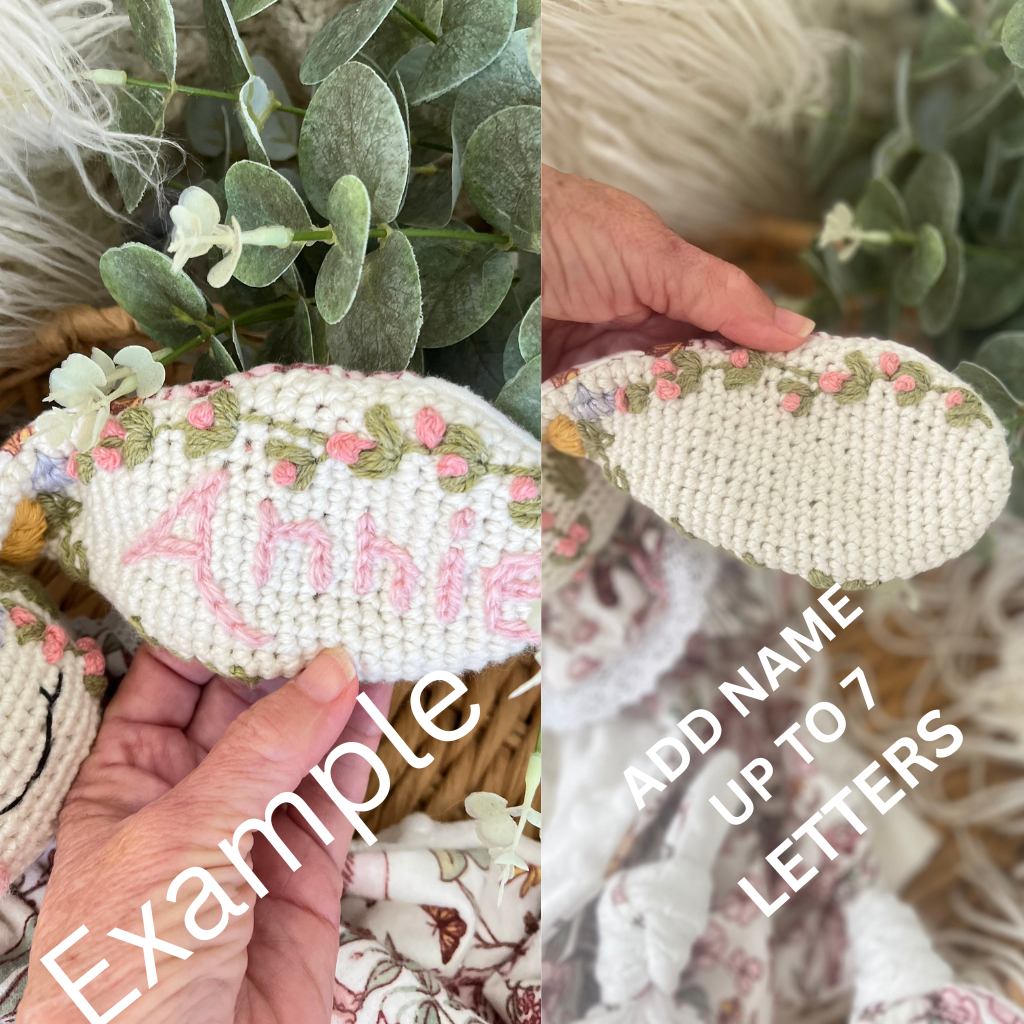 Personalised Crochet Bunny Snuggler, Crochet Embroidered Bunny