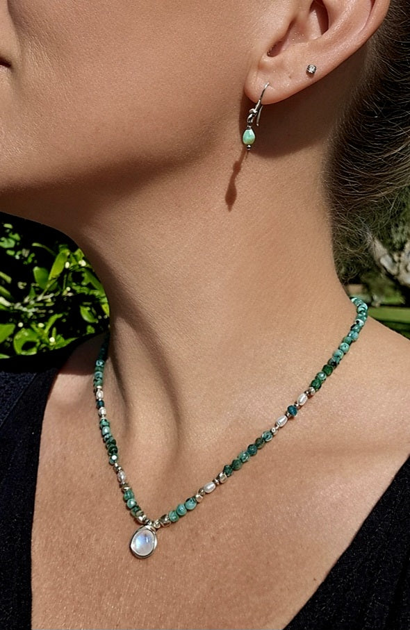 Green Labradorite, Apatite & Moonstone Necklace with Thai Silver & Freshwater Pearls