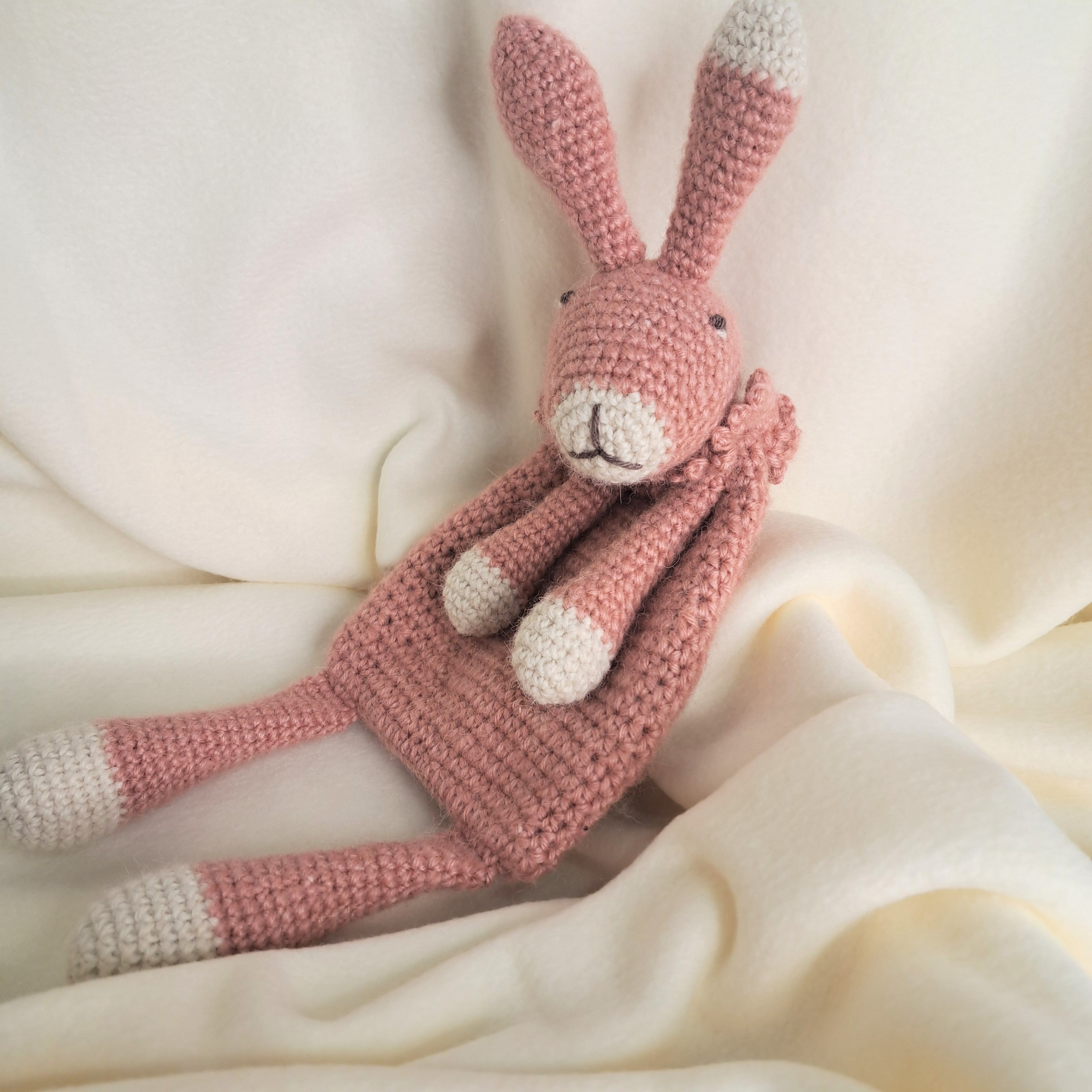 Handmade crochet rabbit snuggler, Australian wool, alpaca, silk