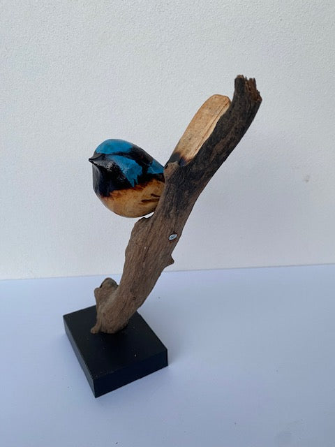 Hand carved blue wren sculpture