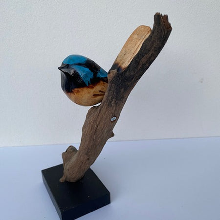 Hand carved blue wren sculpture