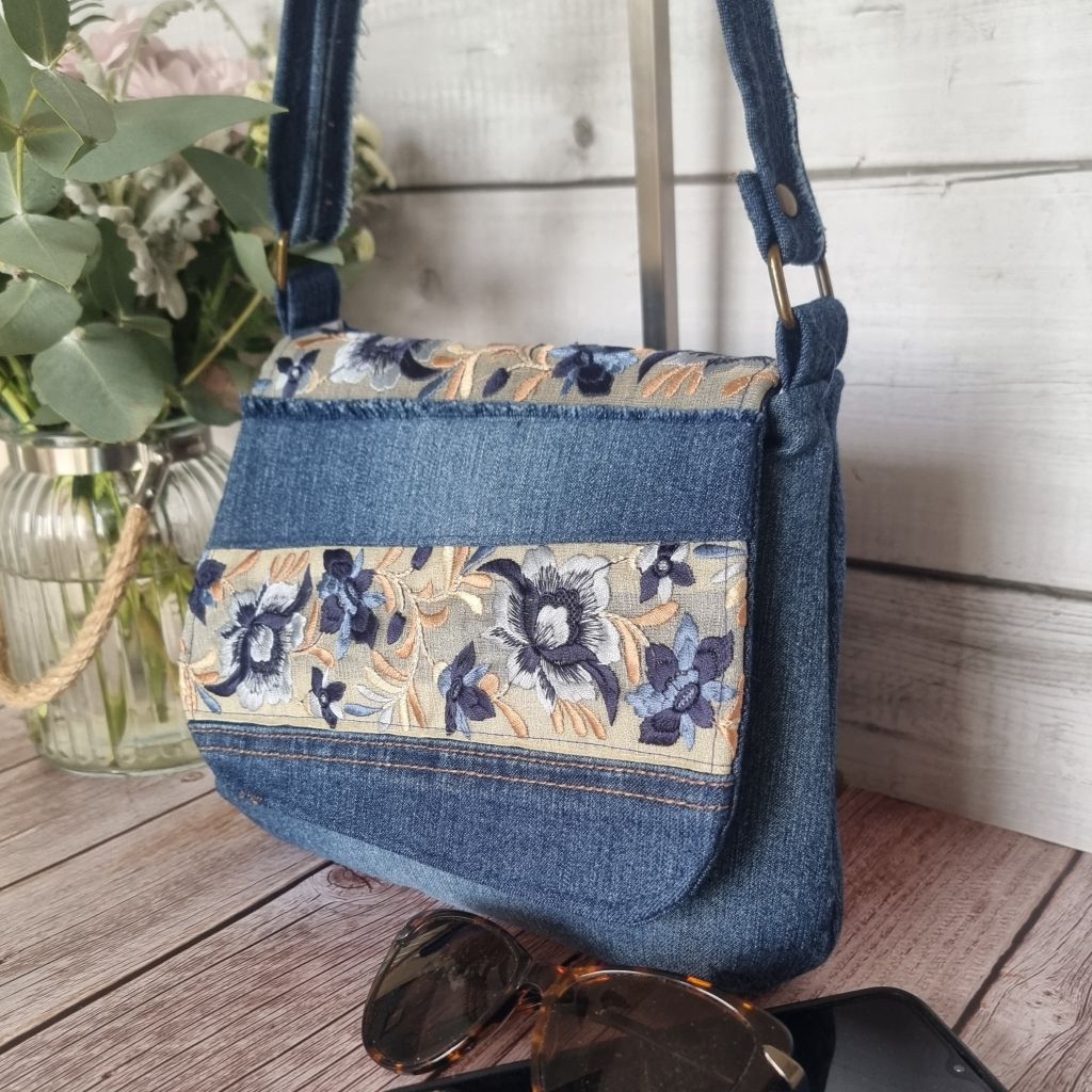 Upcycled small messenger bag - denim & sari border