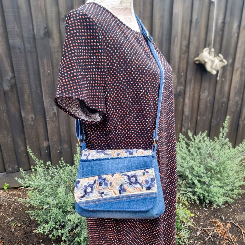 Upcycled small messenger bag - denim & sari border