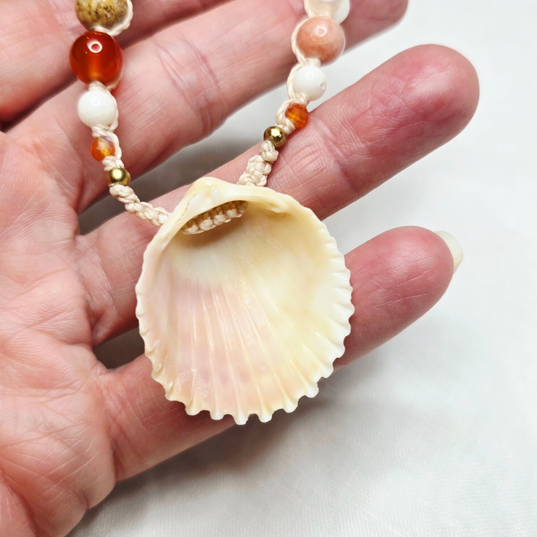 Cockle Shell Necklace Adjustable with Pearls and Rare Ocean Agate