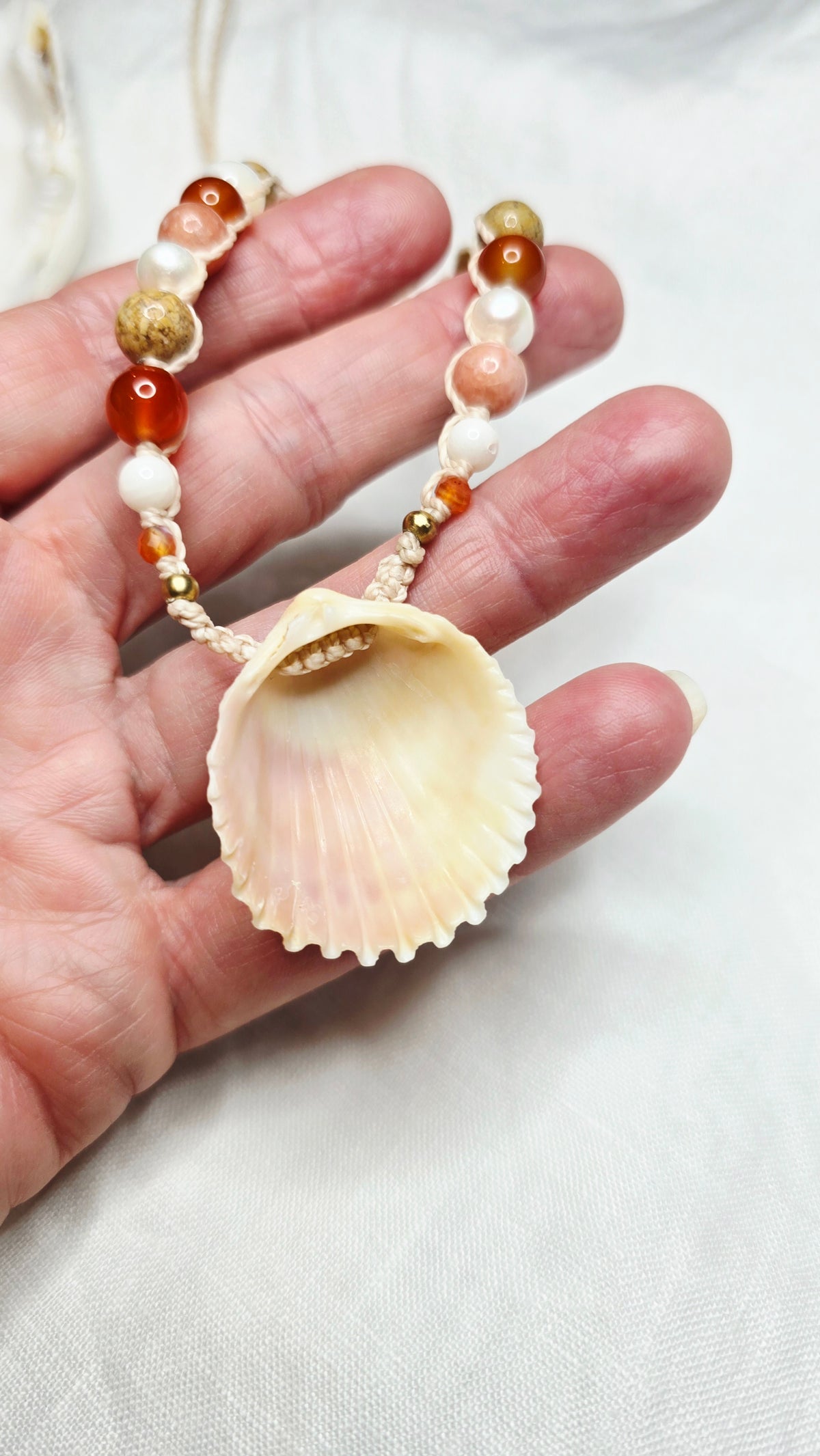 Cockle Shell Necklace Adjustable with Pearls and Rare Ocean Agate