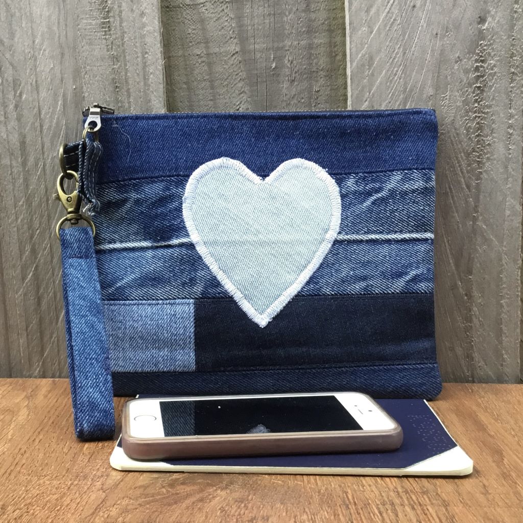 Upcycled Denim Wristlet Purse - Blue Heart
