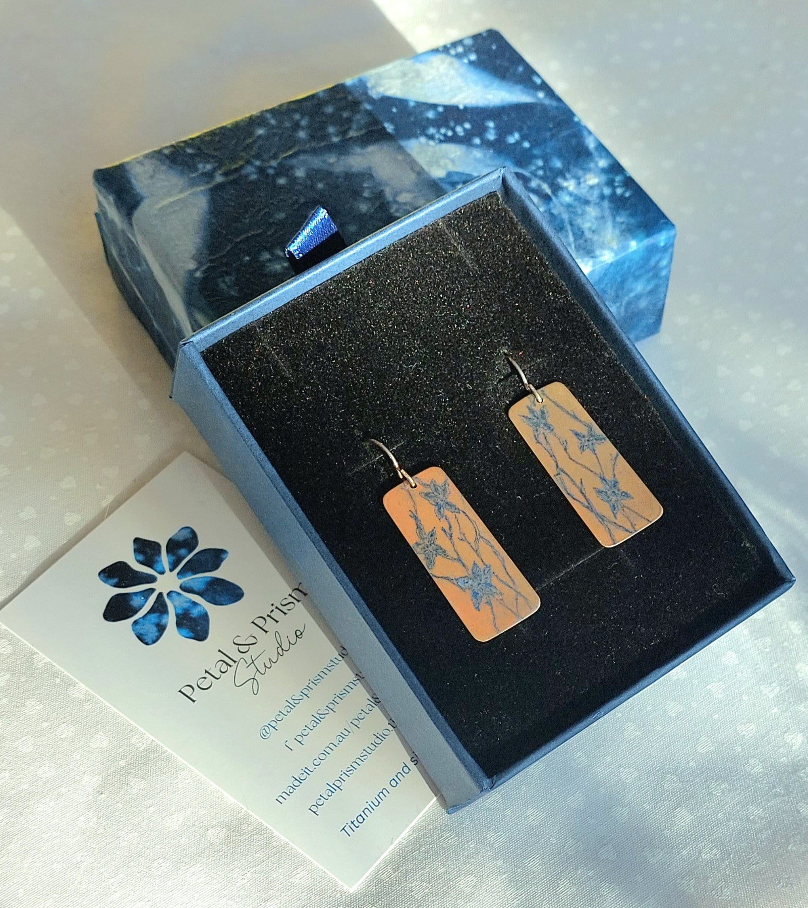 Titanium Dangles with Wahlenbergia Design- Rose Gold and Blue