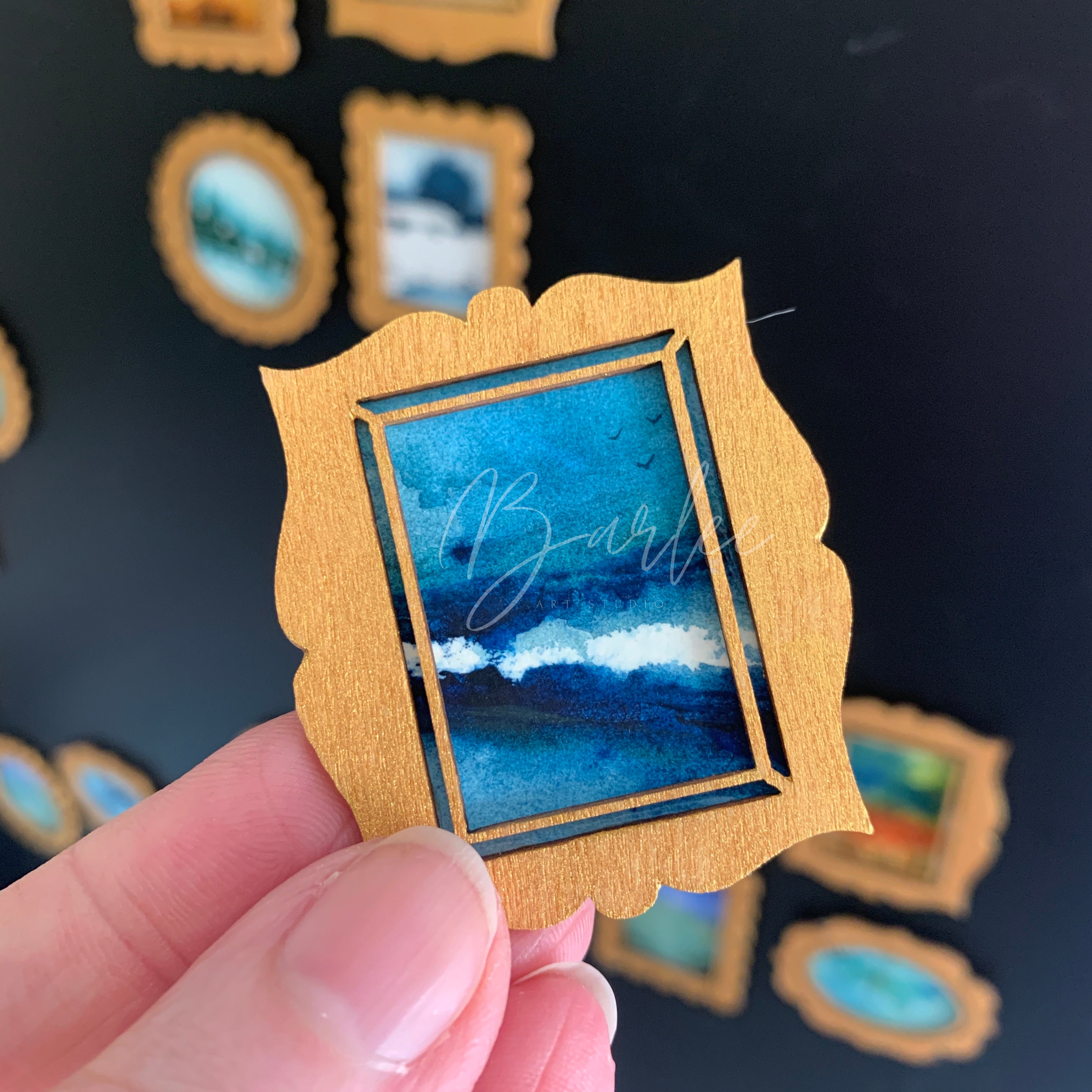Hand Painted Fridge Magnet Set - 5 Framed Mini Paintings
