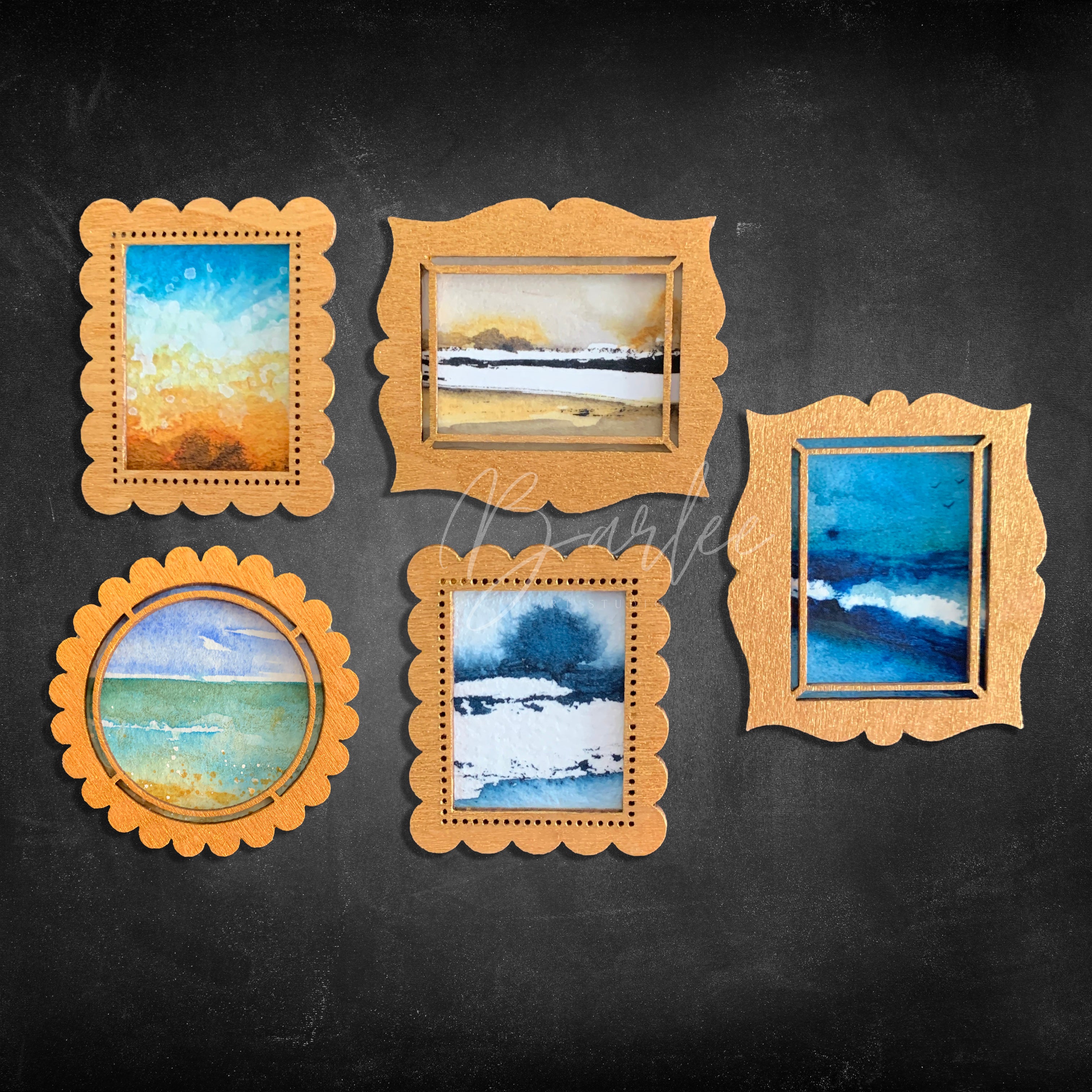 Hand Painted Fridge Magnet Set - 5 Framed Mini Paintings