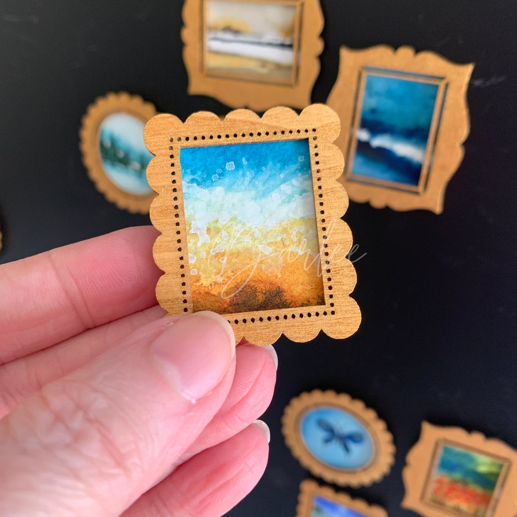 Hand Painted Fridge Magnet Set - 5 Framed Mini Paintings
