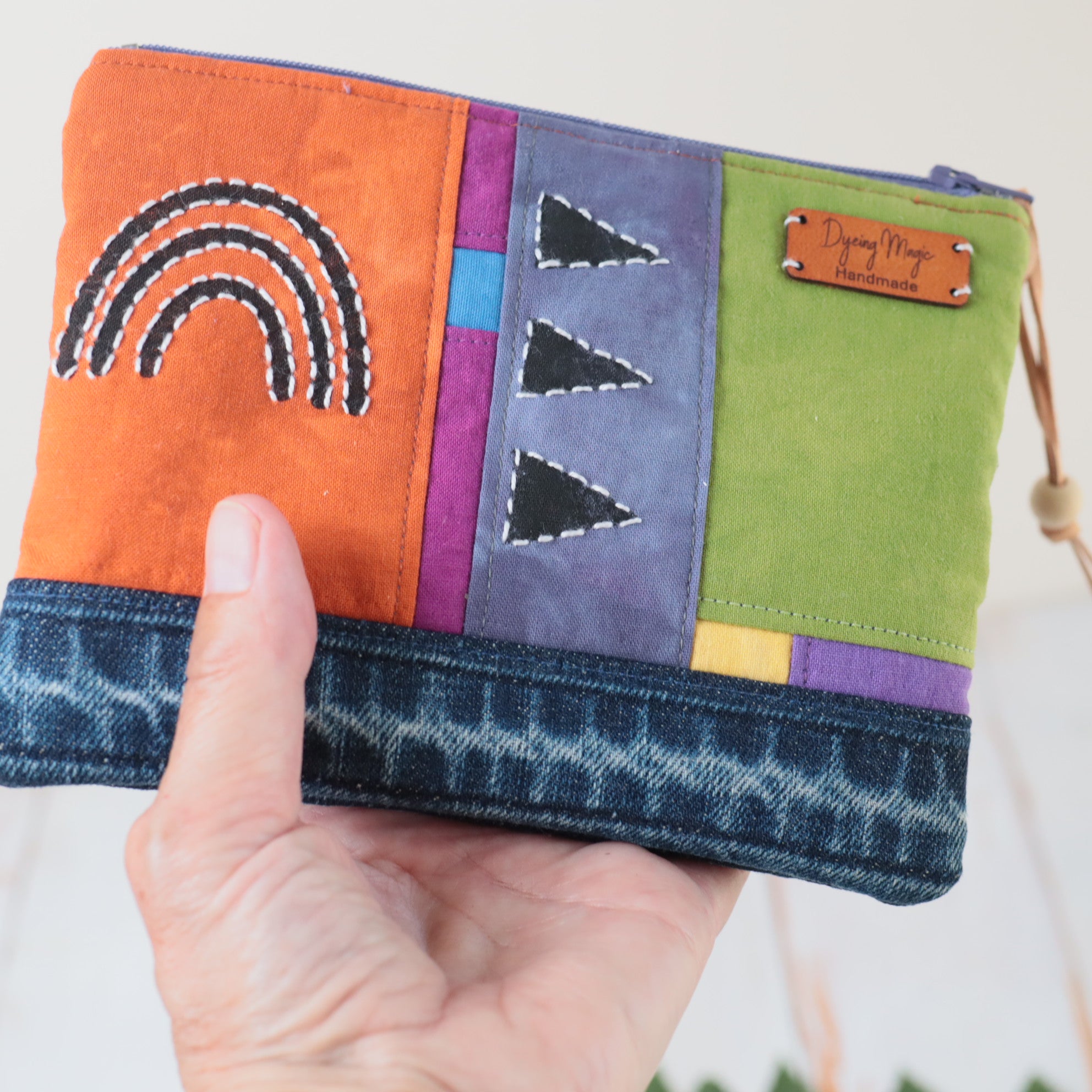 Hand Dyed Zipper Pouch, Makeup Bag, Sewing Pouch. Green and Ochre