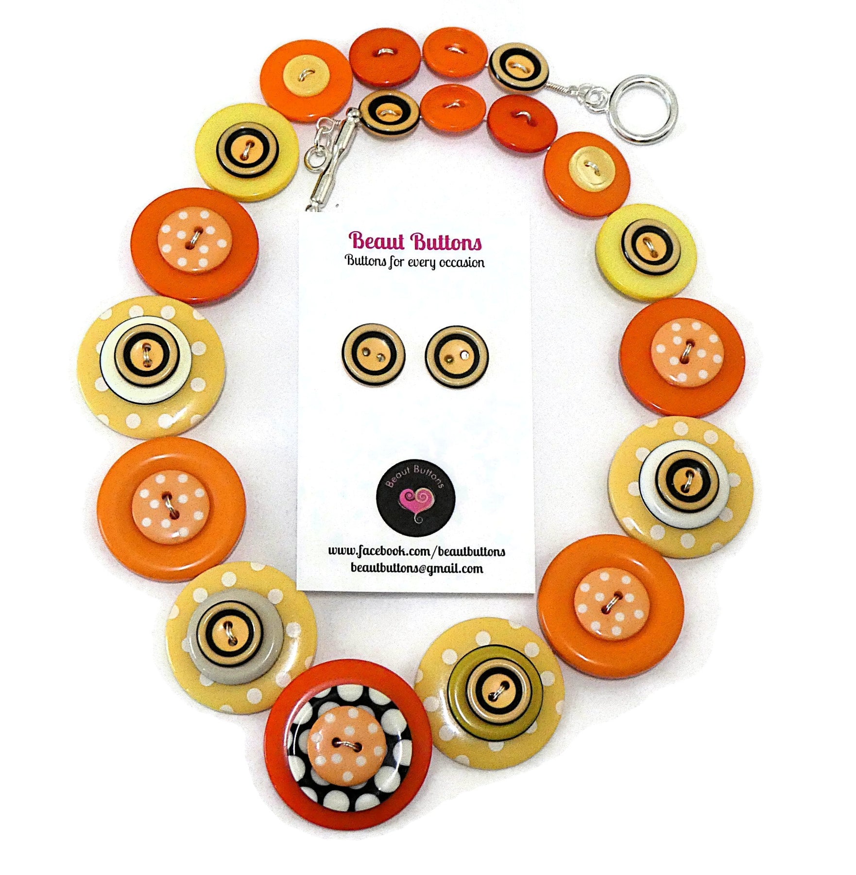 Button necklace and stud earrings - Orange Spots