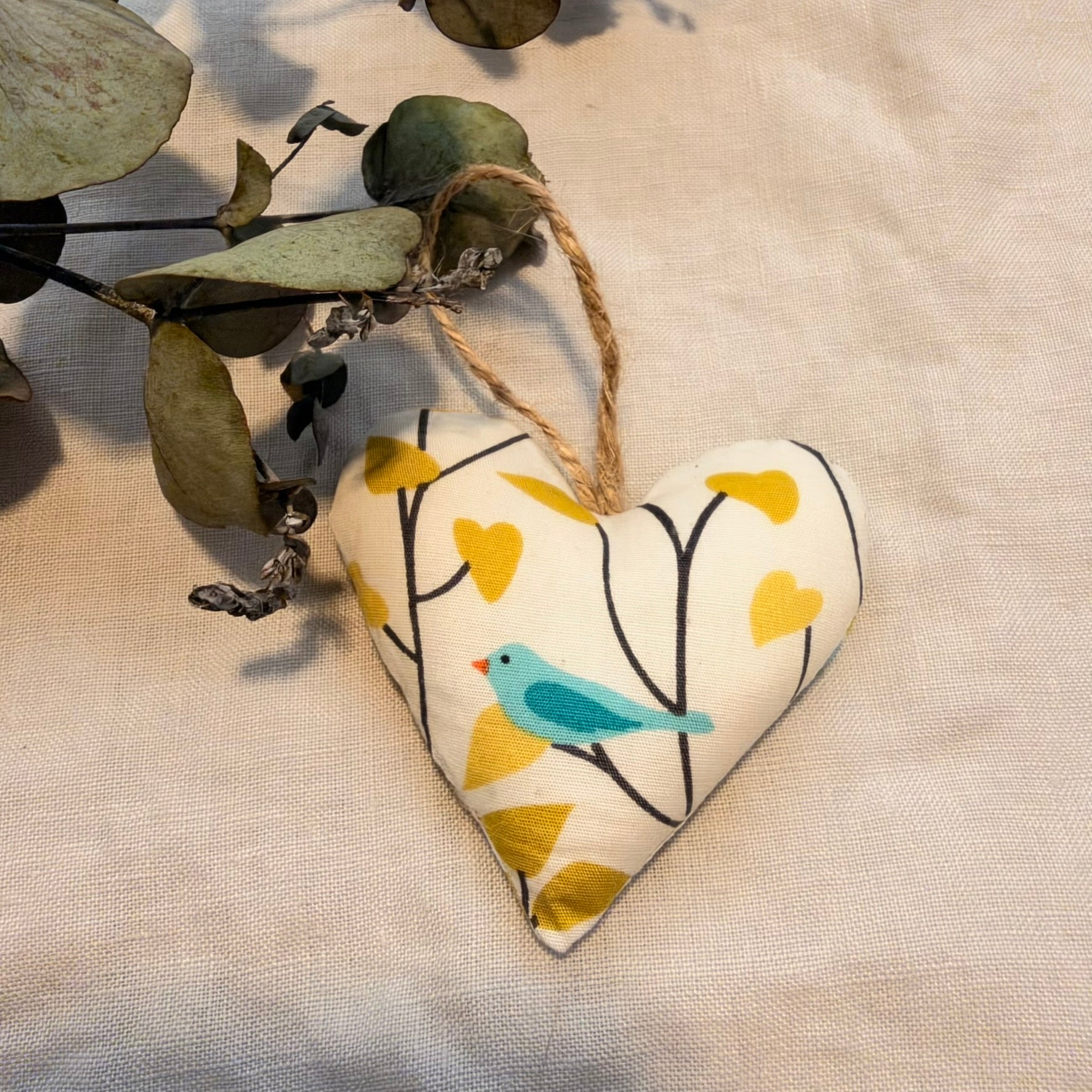Little blue bird hearts - handmade with wool filling