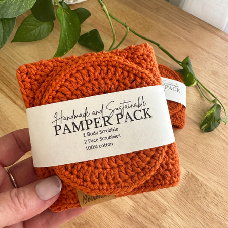 Handmade Pamper Pack | Crochet Body & Face Scrubbie set | Burnt Orange