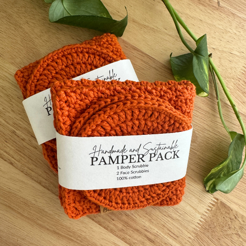 Handmade Pamper Pack | Crochet Body & Face Scrubbie set | Burnt Orange