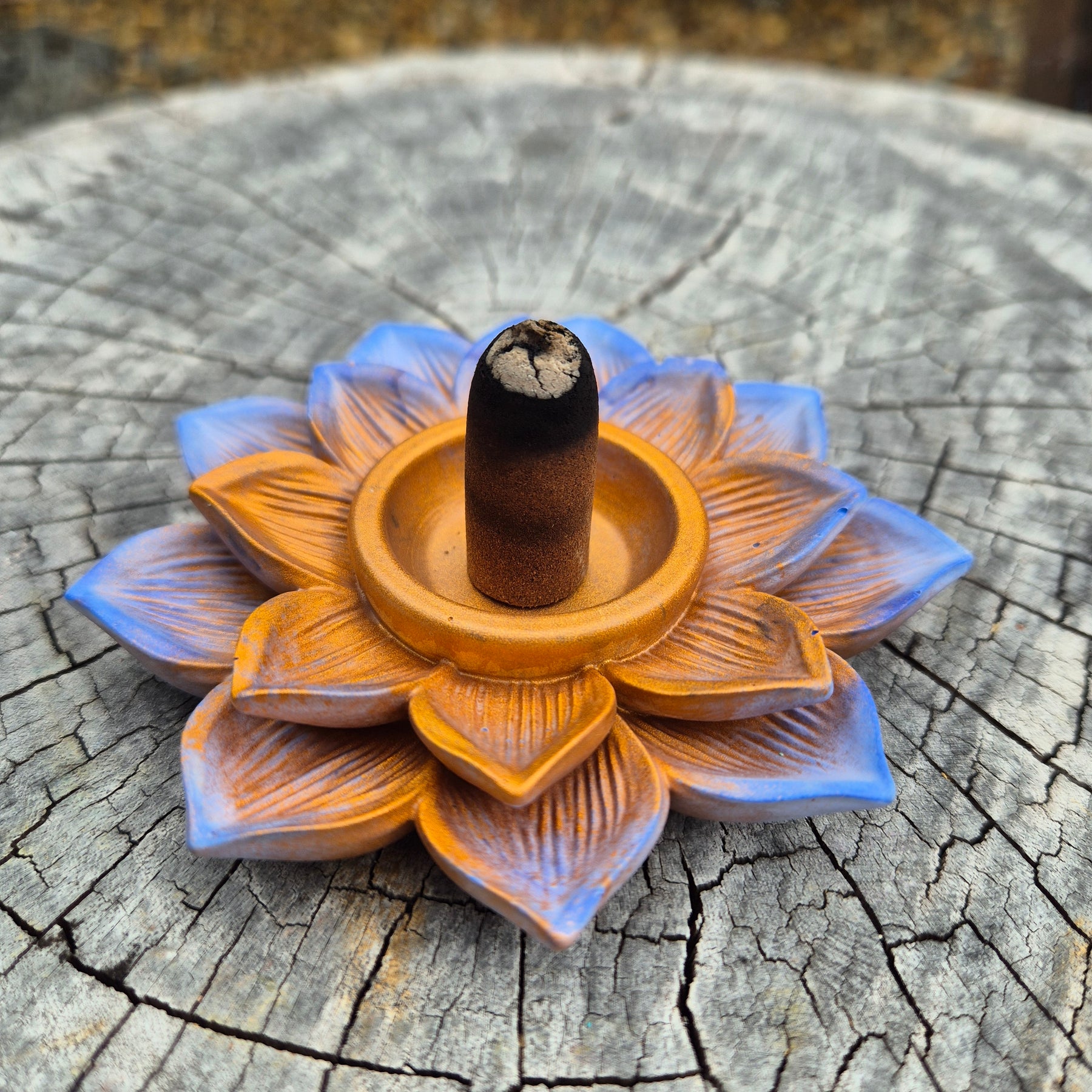 Pale blue and rose gold concrete lotus incense cone holder