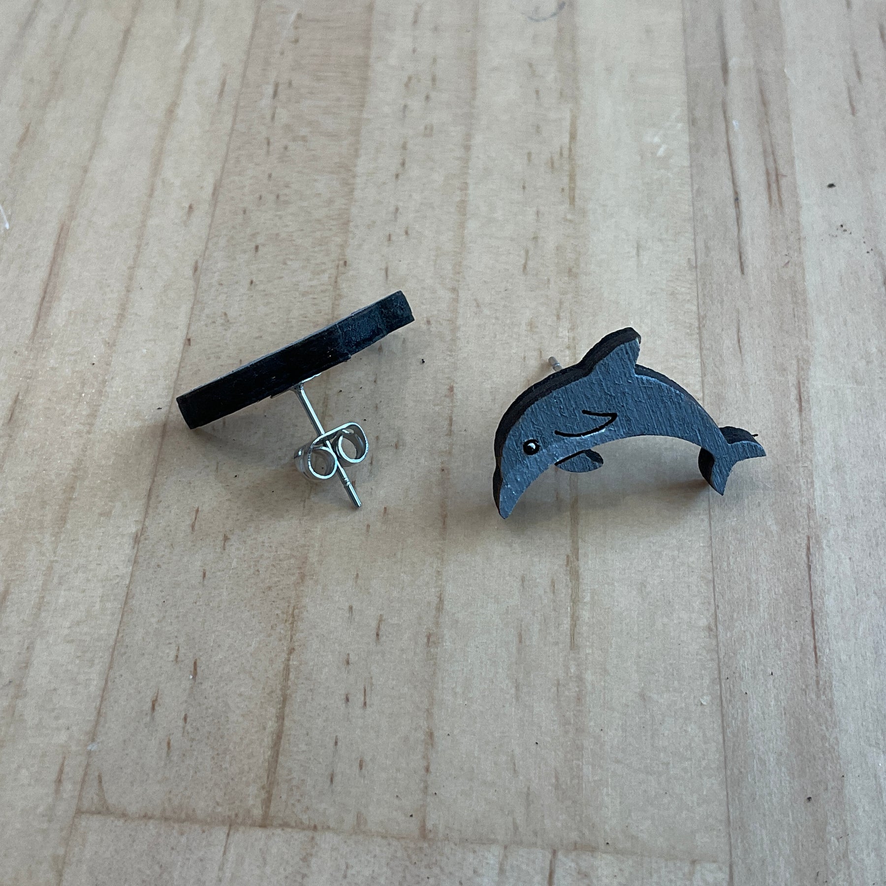 Hand-Painted Dolphin studs - hand painted, wooden earrings