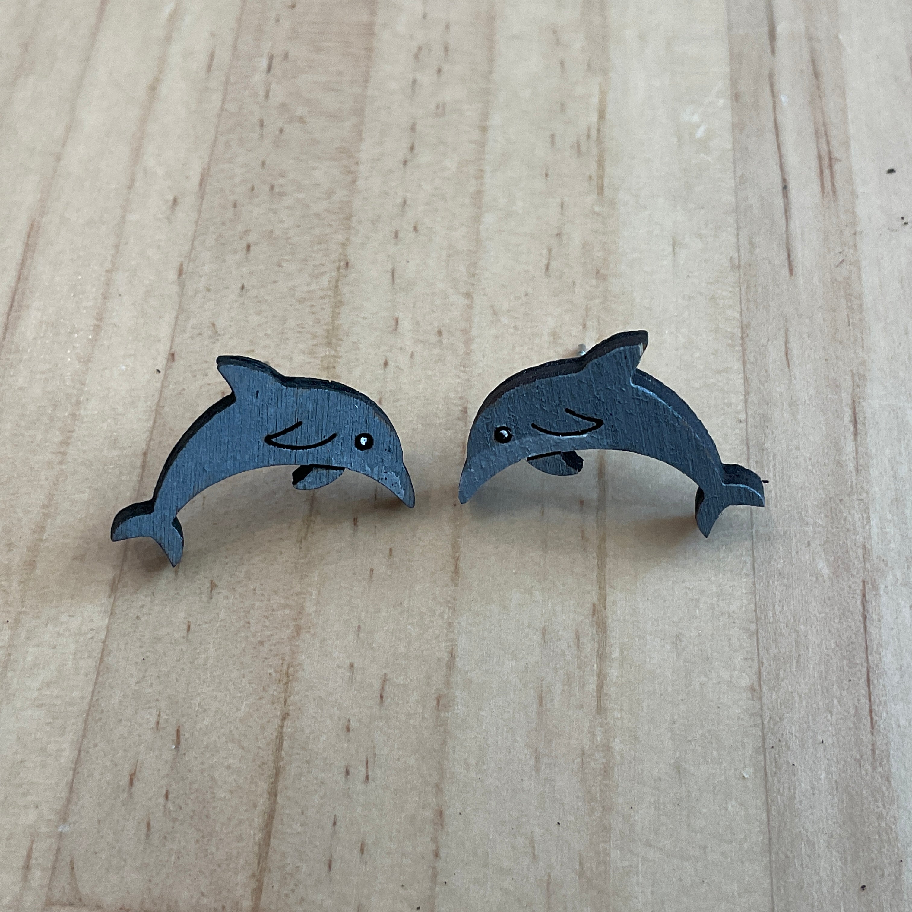 Hand-Painted Dolphin studs - hand painted, wooden earrings