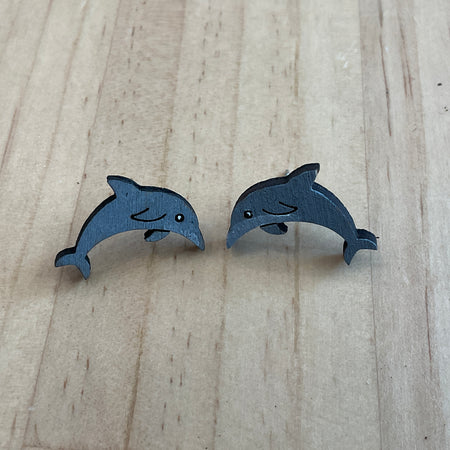 Hand-Painted Dolphin studs - hand painted, wooden earrings