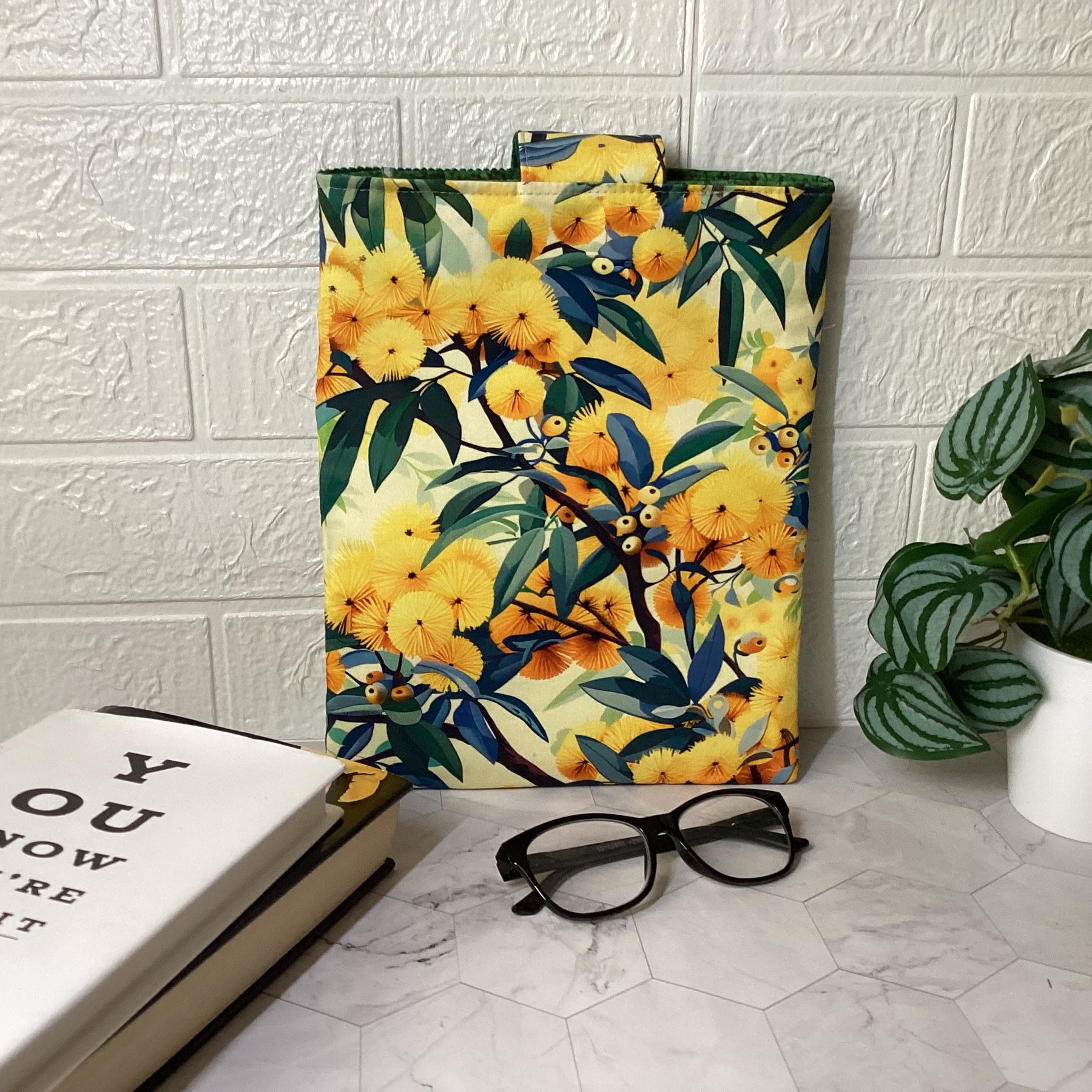 Australian Wattle fabric book sleeve with 2 pockets. iPad, tablet pouch