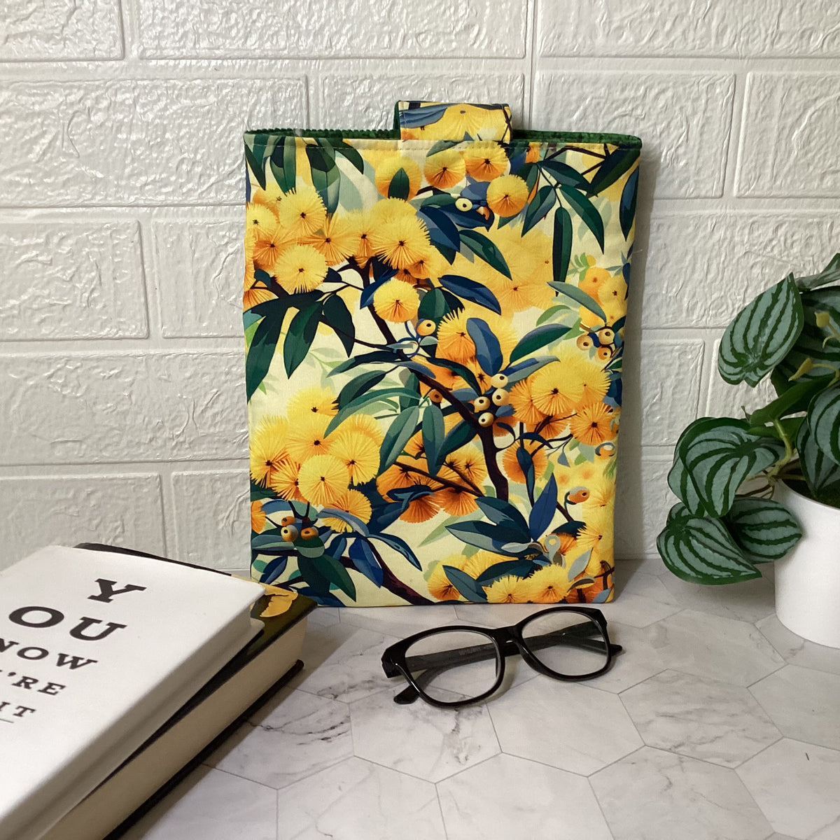 Australian Wattle fabric book sleeve with 2 pockets. iPad, tablet pouch