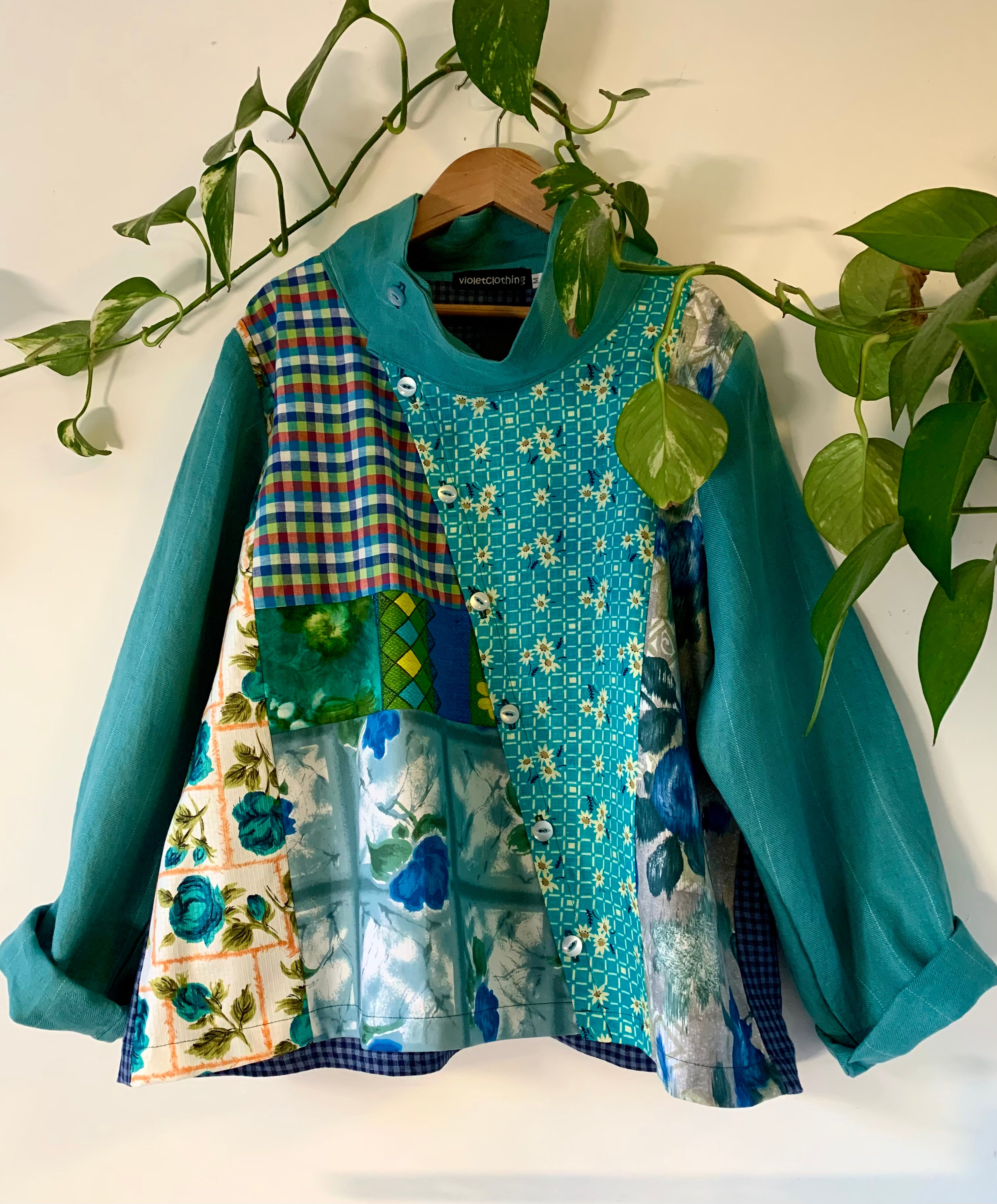 gorgeous blue linen/ cotton patchwork asymmetrical shirt - vintage fabrics-violetclothing