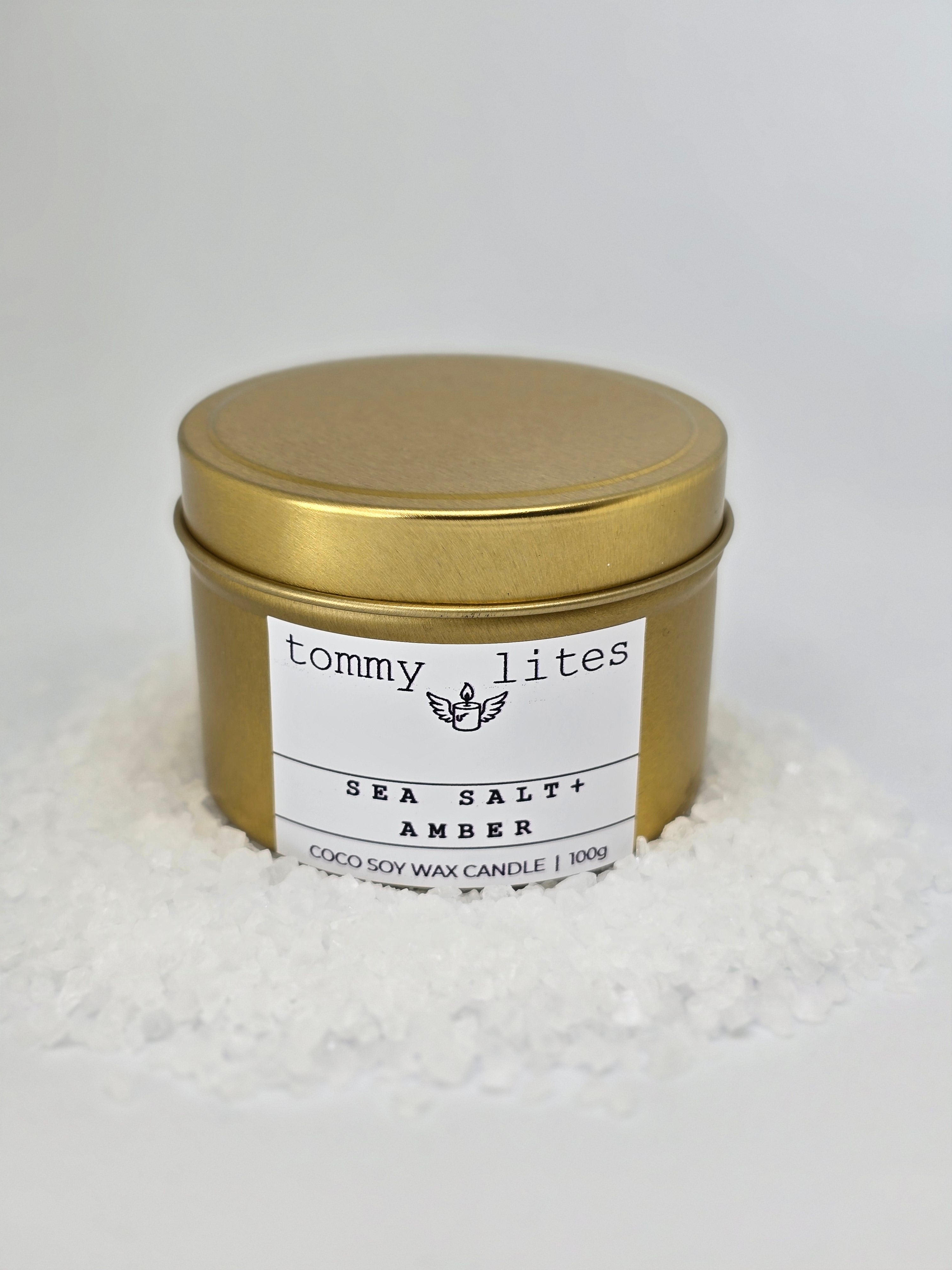Gold tin Coco Soy wax candle -Sea Salt Amber