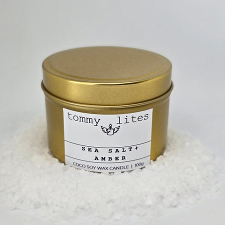 Gold tin Coco Soy wax candle -Sea Salt Amber