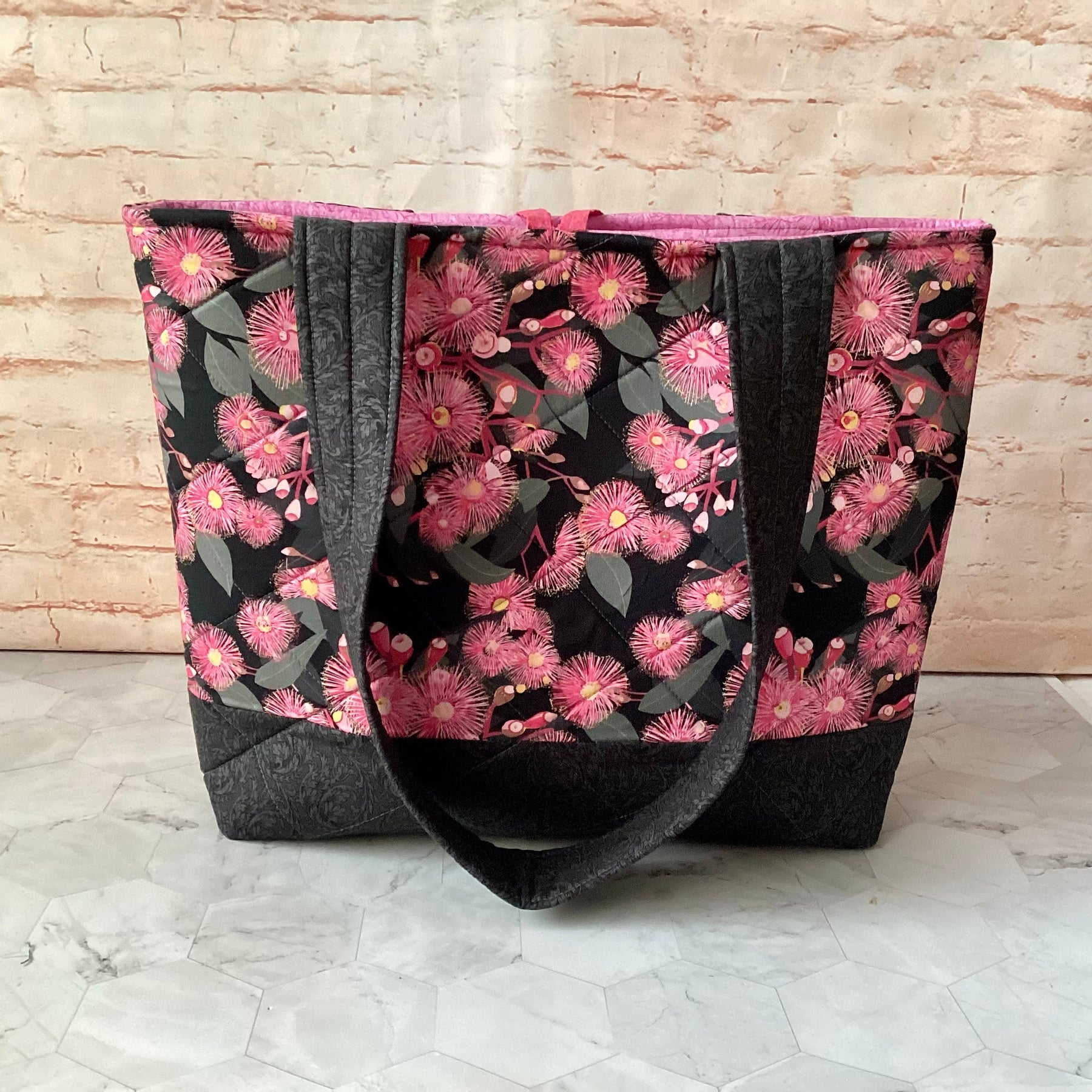 Flowering Gum blossom Floral Tote Bag: Handmade, quilted cotton shoulder bag with pockets