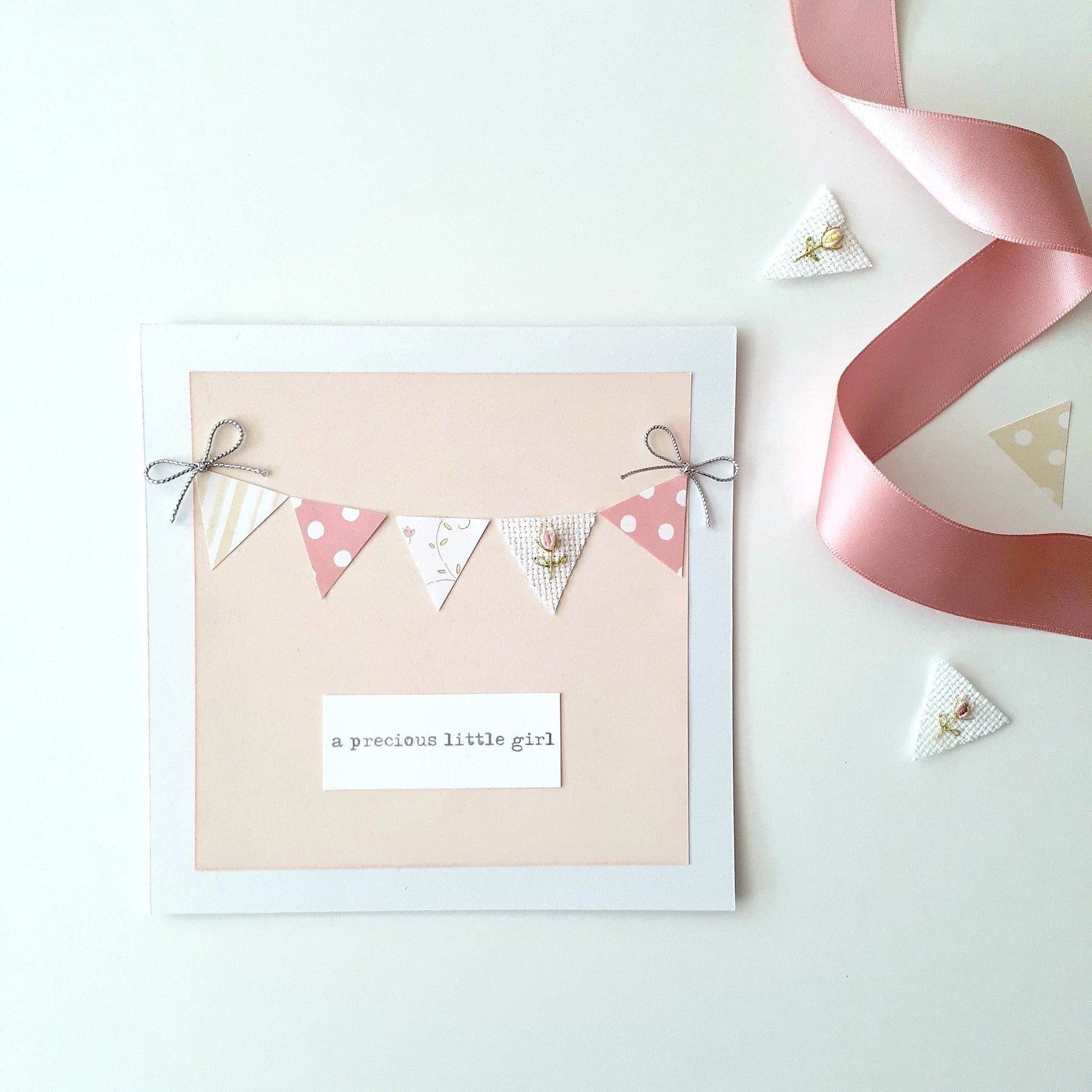 Baby Card, Hand‑Embroidered Baby Girl, Pink Bunting Newborn Greeting, Handmade Keepsake Card, “A Precious Little Girl” Gift Card