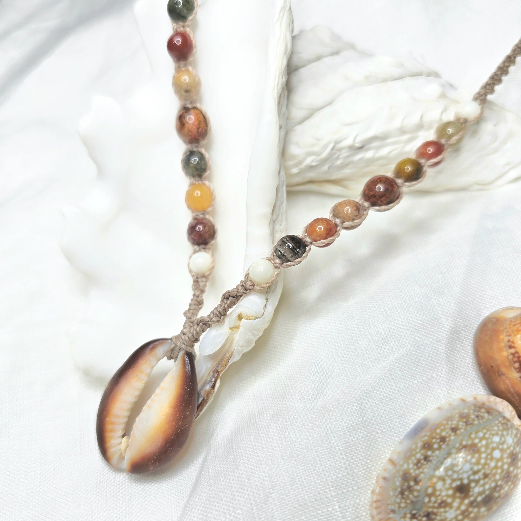 Cowrie Shell and Ocean Agate macrame Necklace