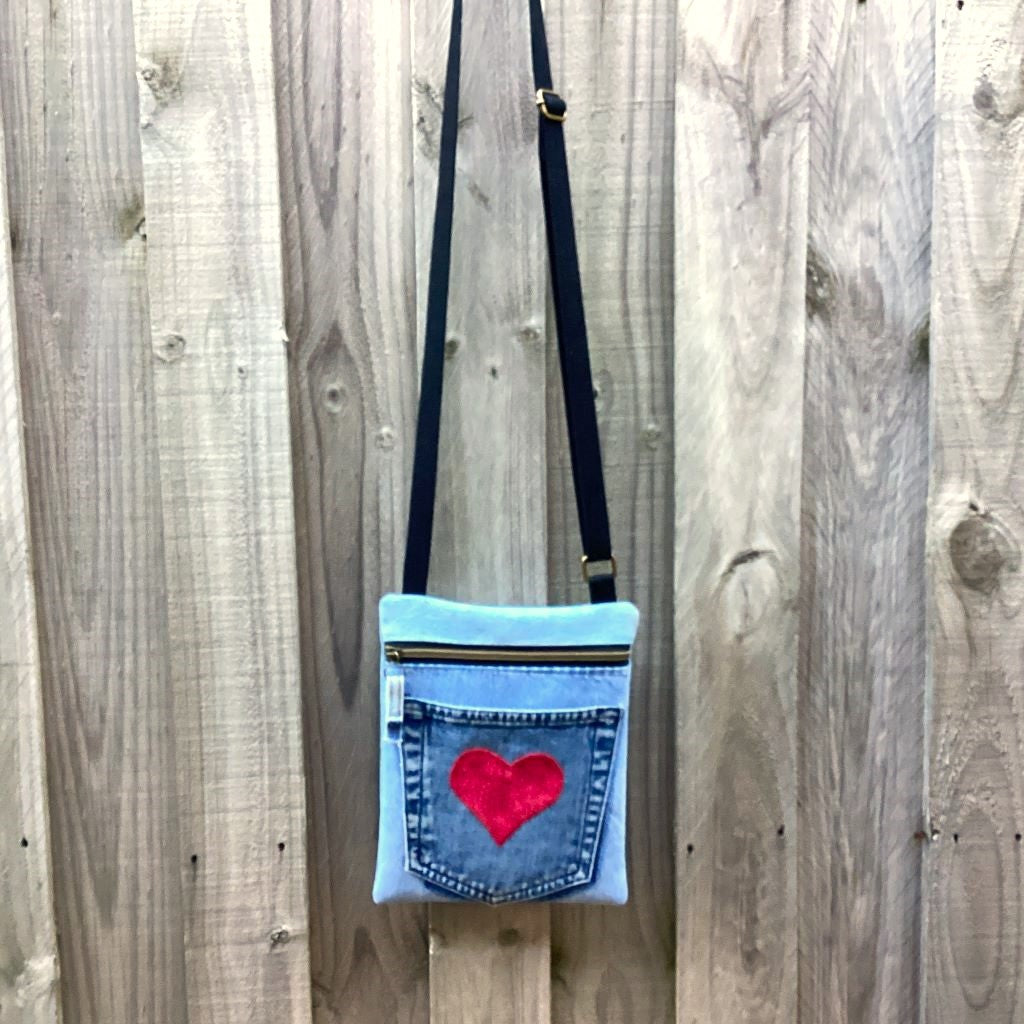 Cross Body Denim Bag - Pocket Red Heart