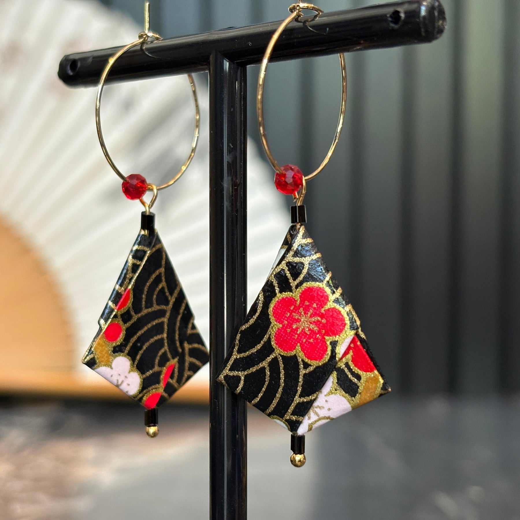 Origami Earrings – Black Waves with Red and Pink Florals