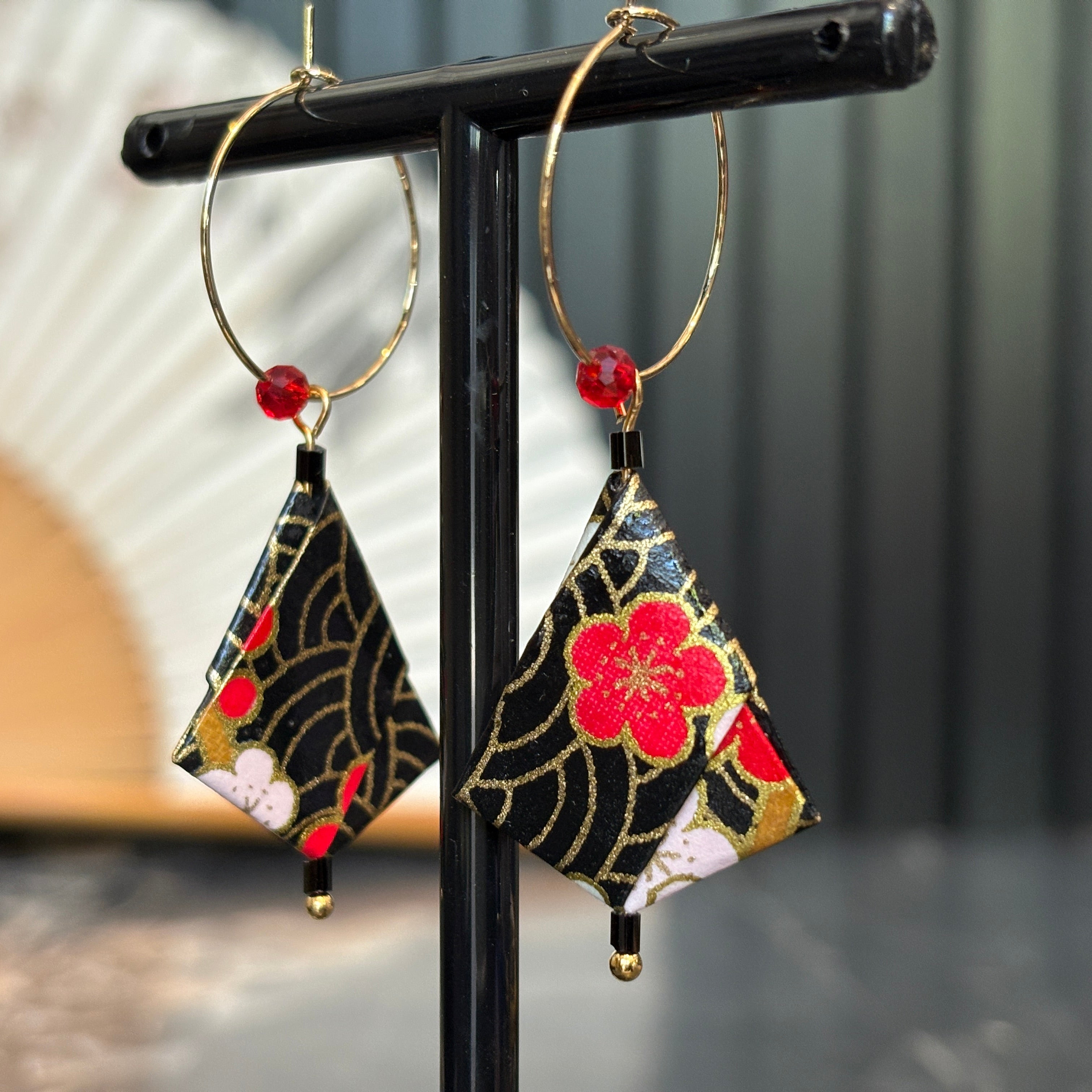 Origami Earrings – Black Waves with Red and Pink Florals