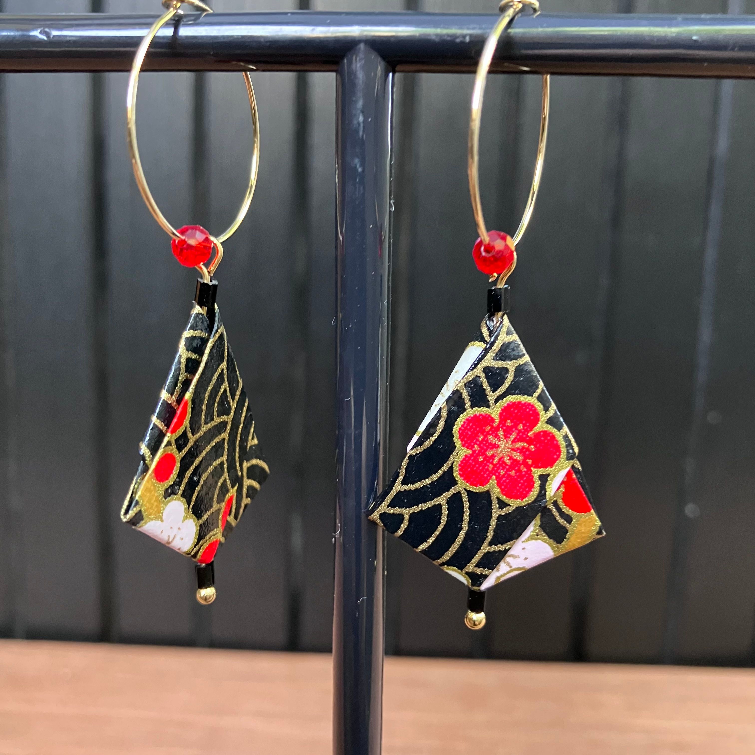 Origami Earrings – Black Waves with Red and Pink Florals