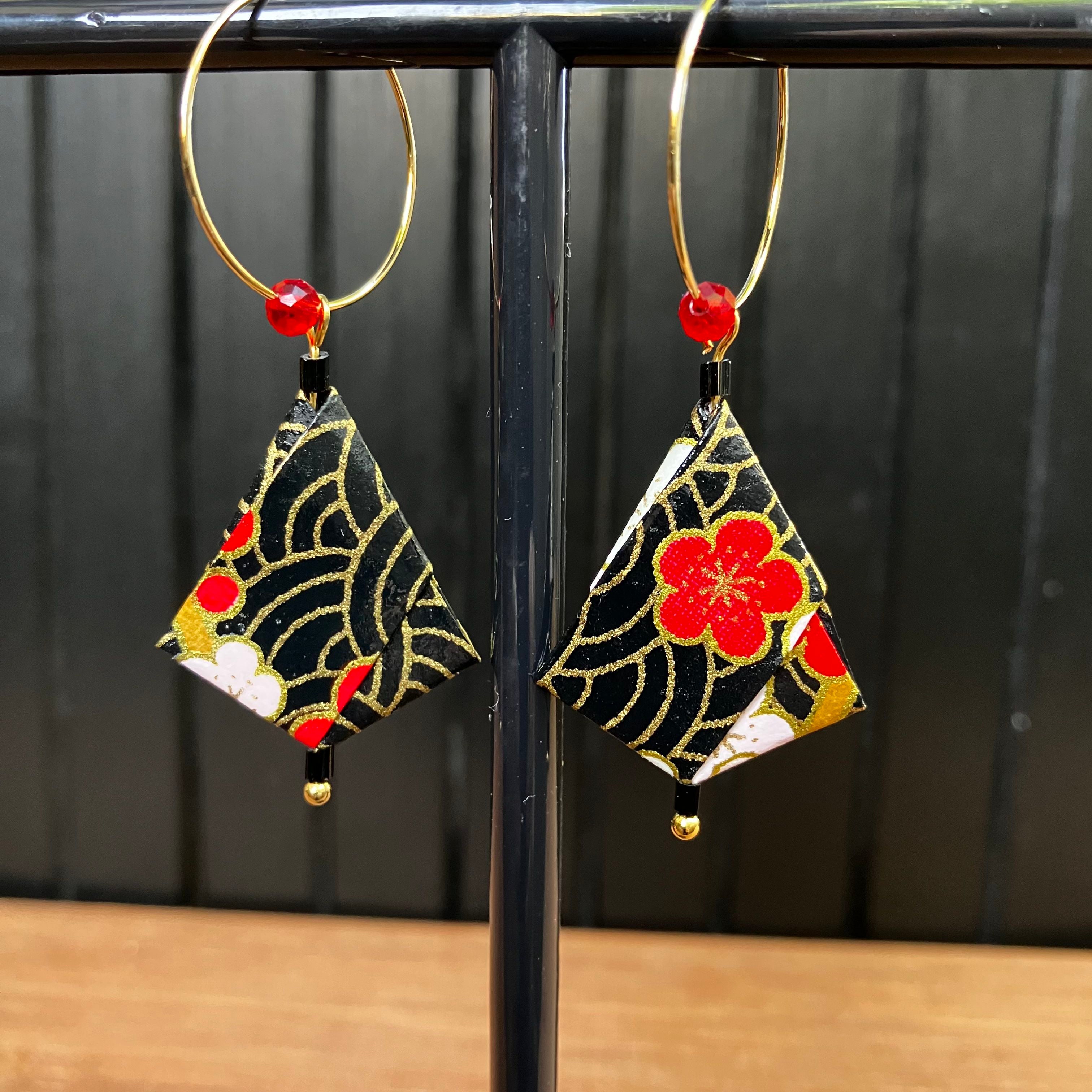 Origami Earrings – Black Waves with Red and Pink Florals