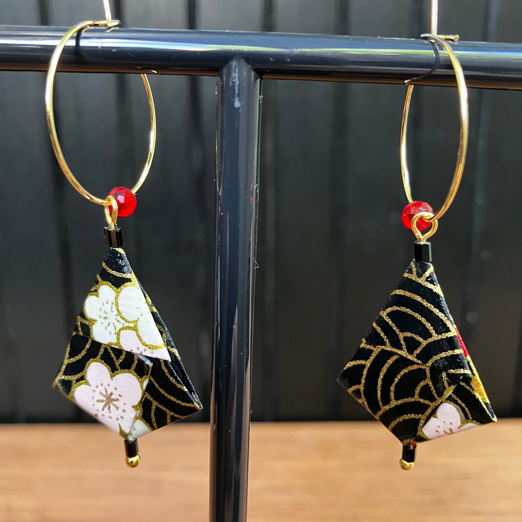 Origami Earrings – Black Waves with Red and Pink Florals