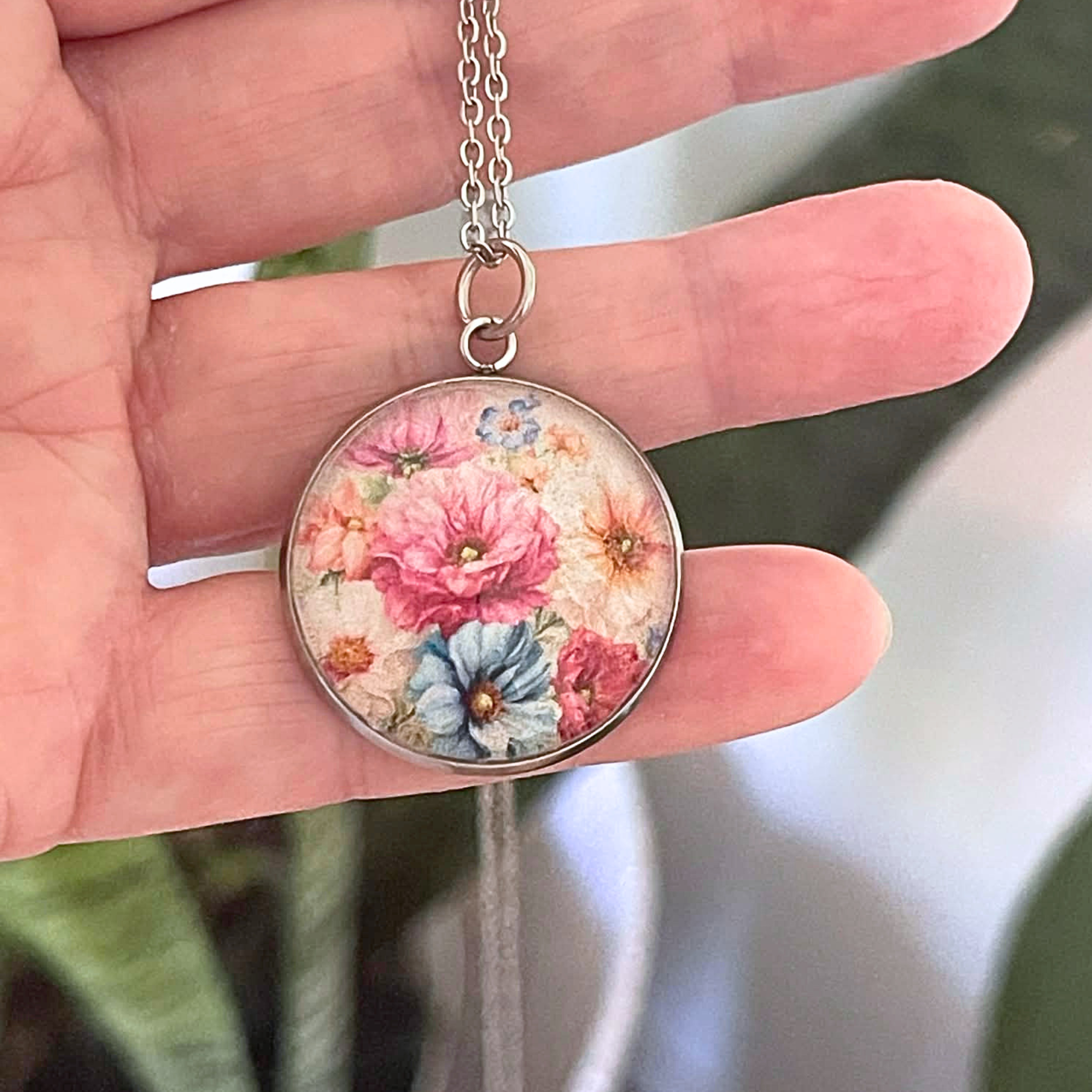 Vintage Style Pink and Blue Flower Pendant • Choose your Chain Length