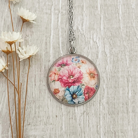 Vintage Style Pink and Blue Flower Pendant • Choose your Chain Length