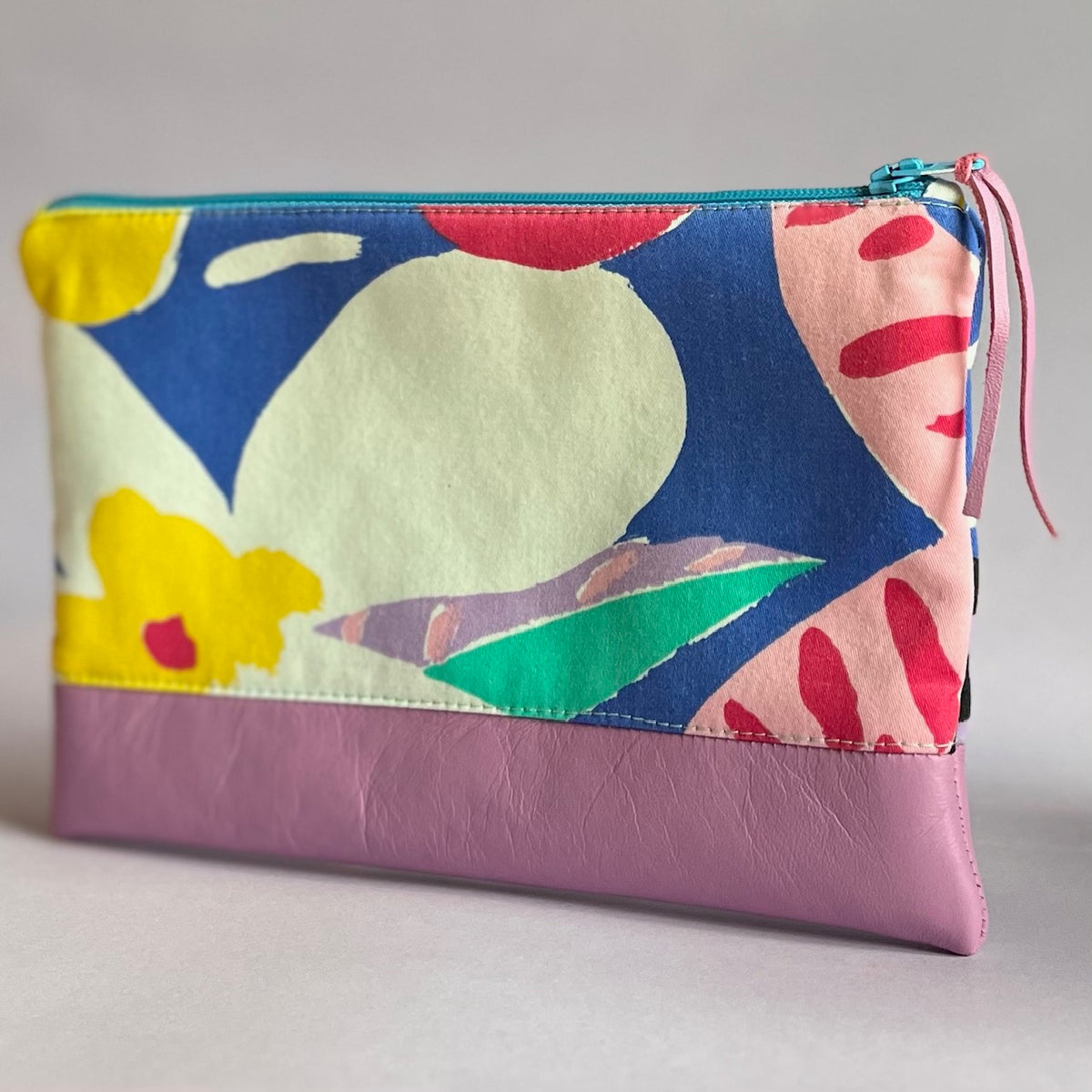 Colourful, repurposed vintage fabric zip POUCH with leather