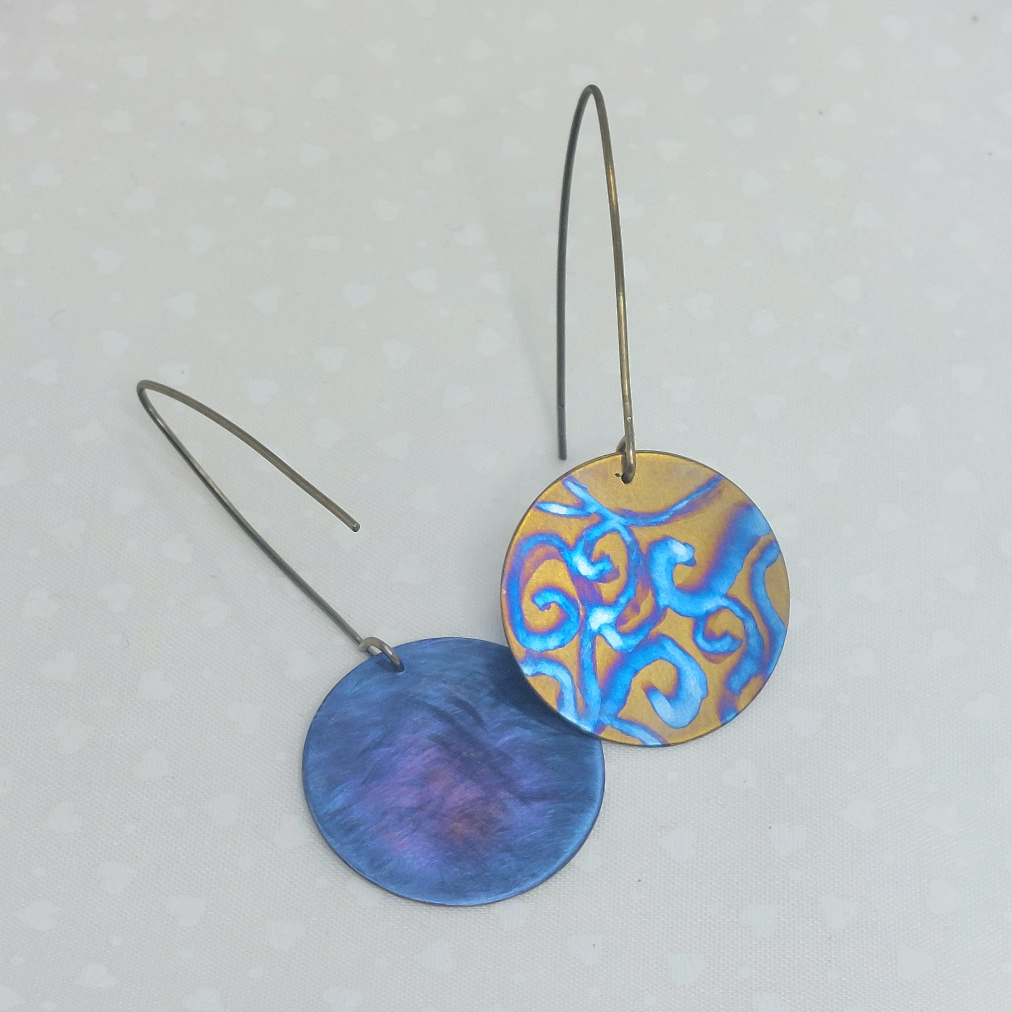 Titanium Disc Earrings- Watercolour Swirls Bronze Titanium Hooks