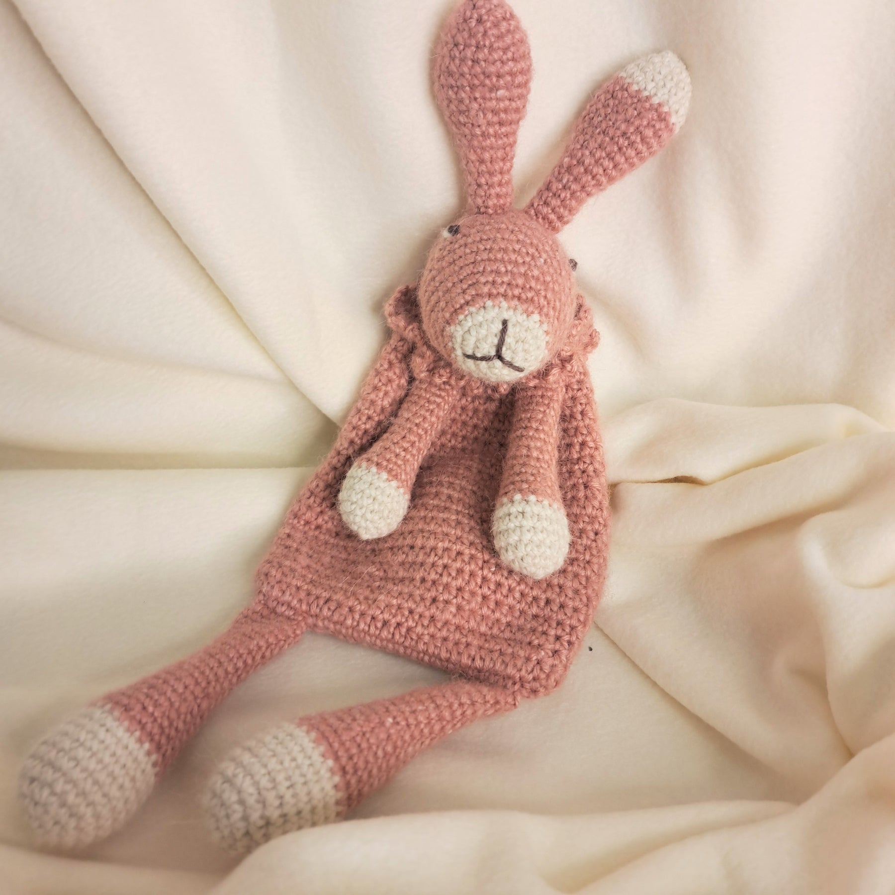 Handmade crochet rabbit snuggler, Australian wool, alpaca, silk