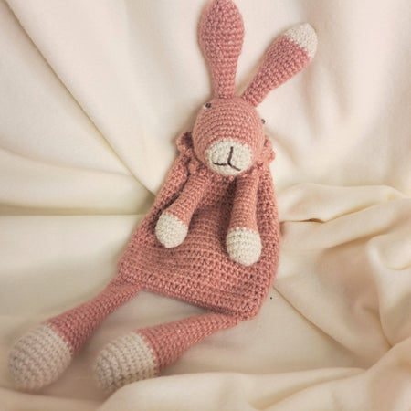 Handmade crochet rabbit snuggler, Australian wool, alpaca, silk