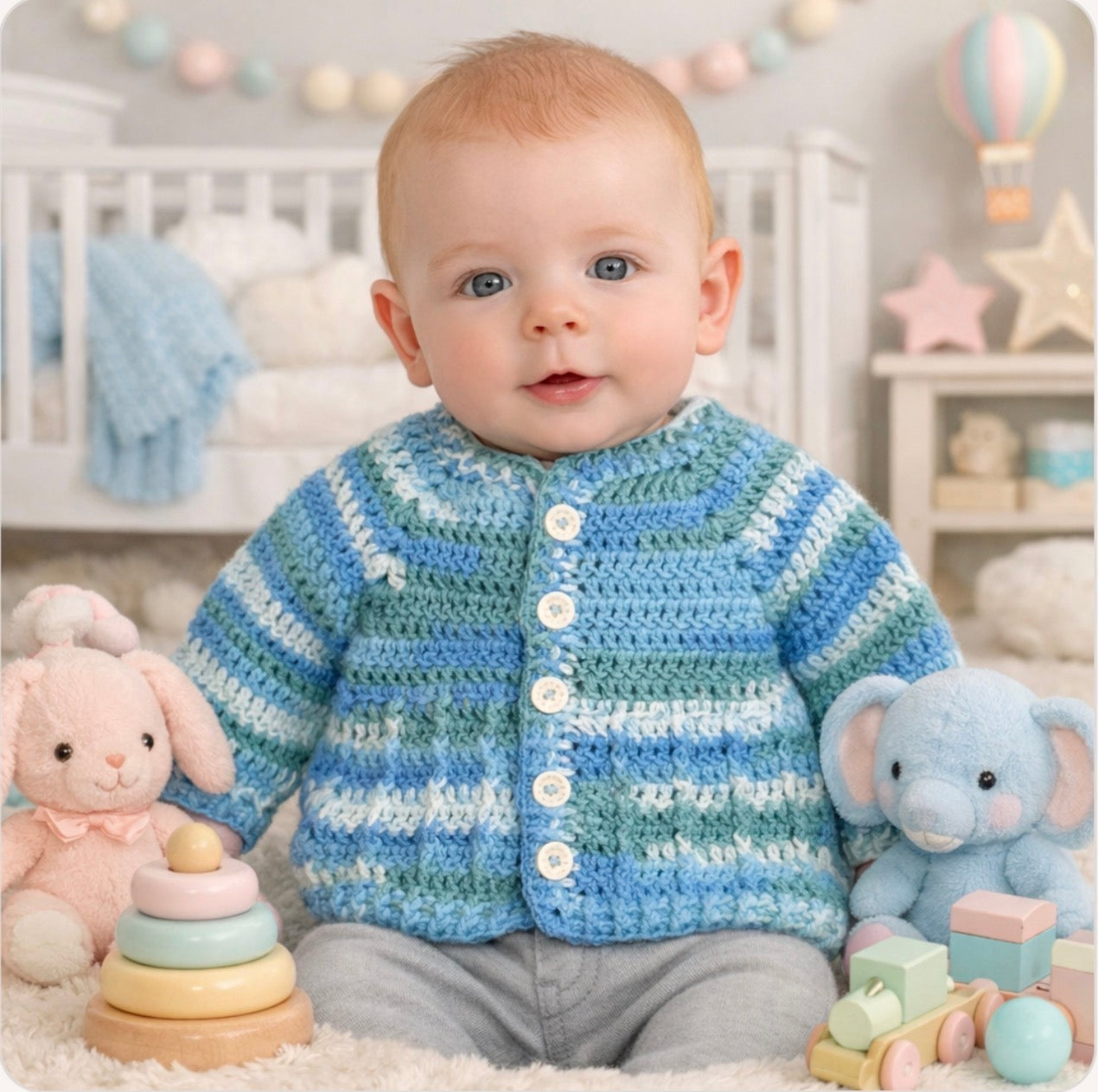 Hand Crocheted “Bambino” Baby Prints Cardigan | 3-6 months