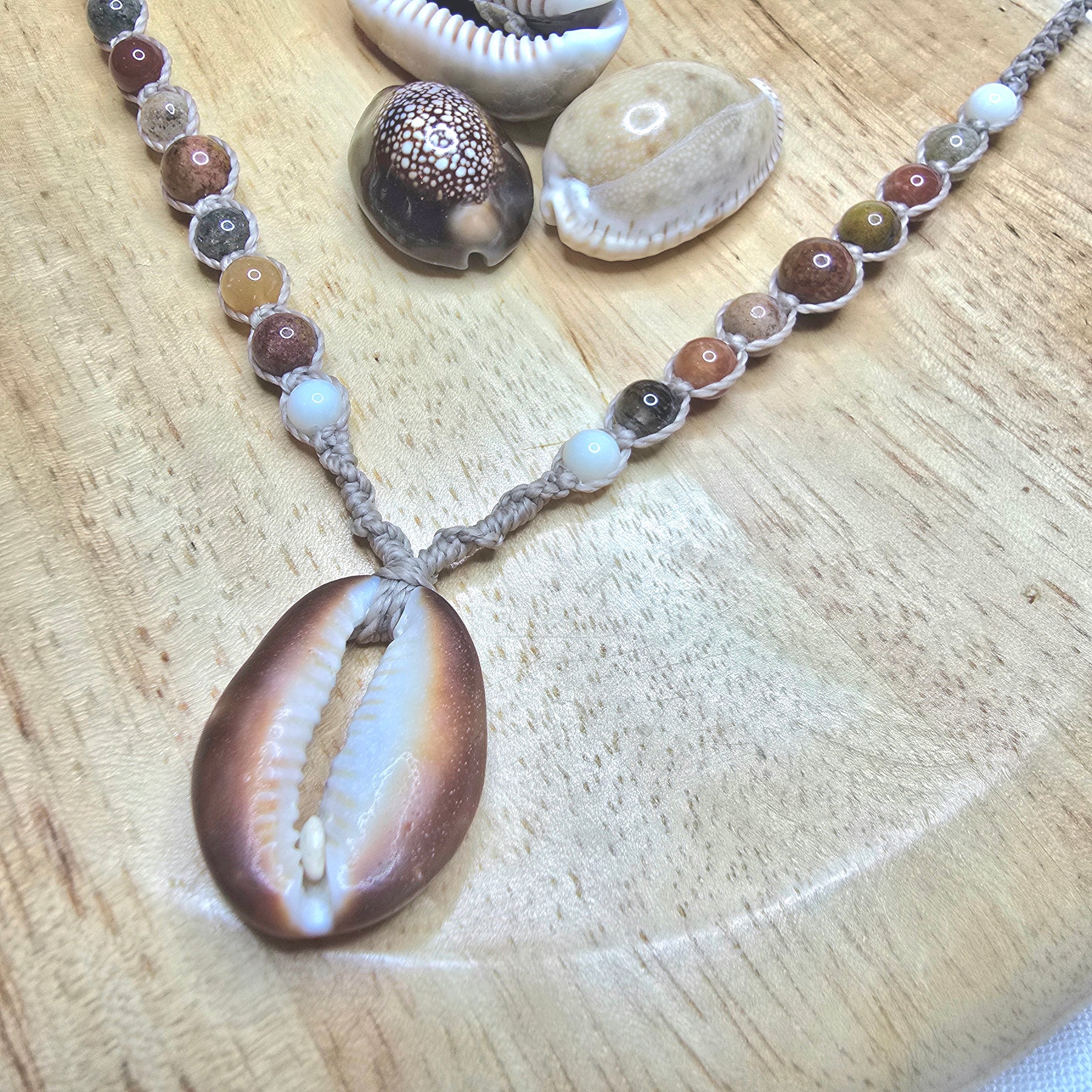 Cowrie Shell and Ocean Agate macrame Necklace