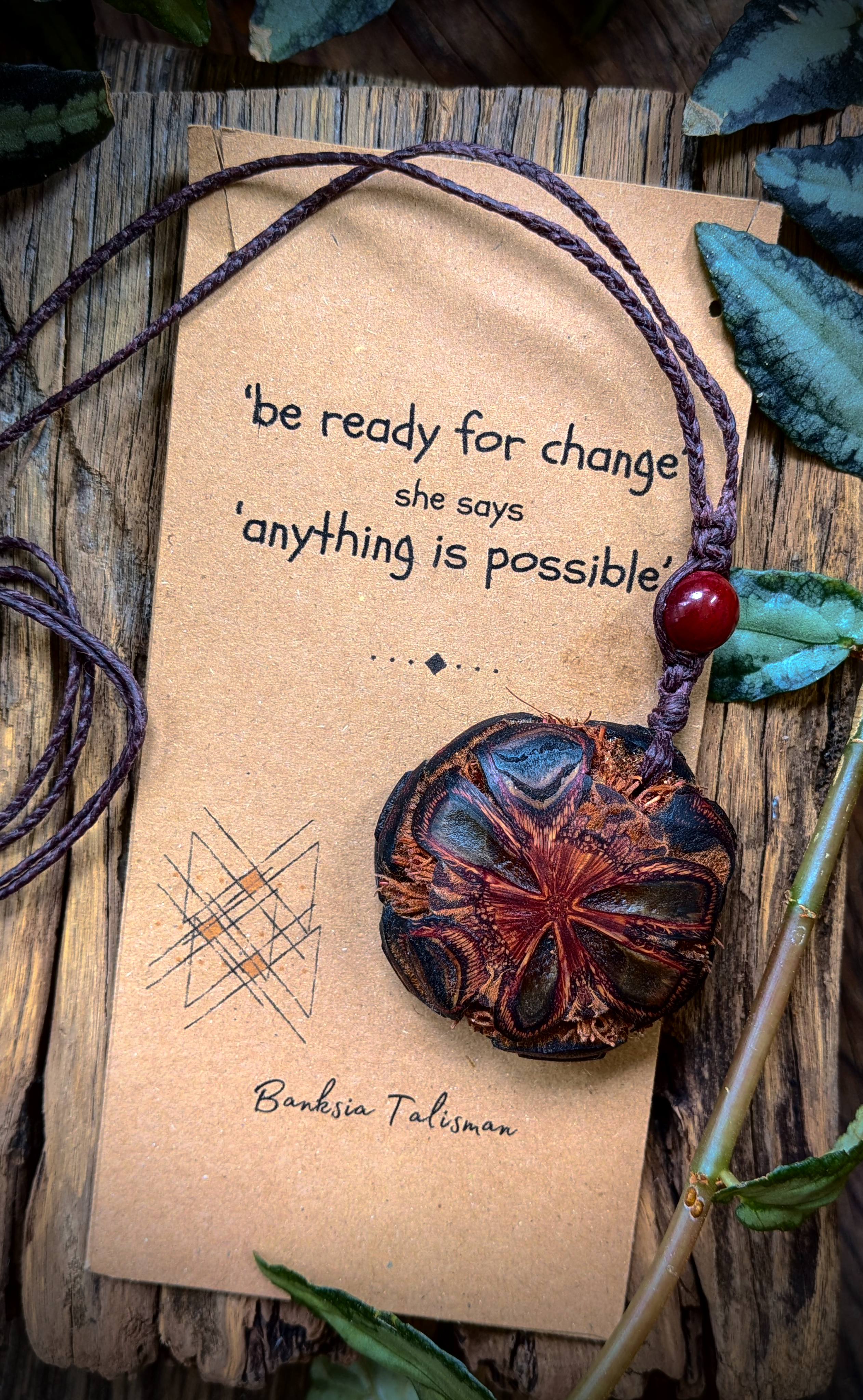 BANSKIA pod slice with MOOKIATE JASPER handmade necklace talisman